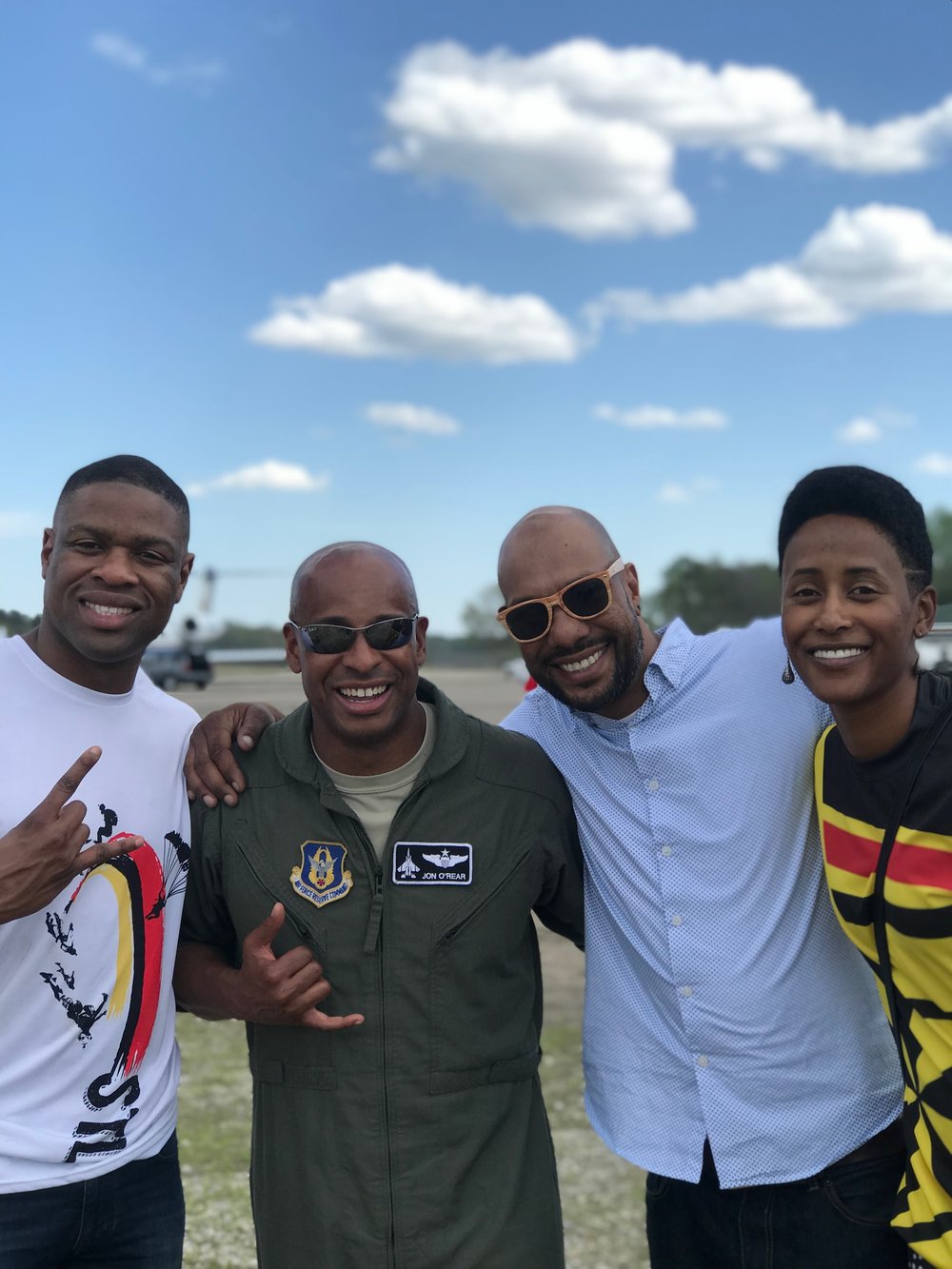  Emanuel Brice, Lieutenant Jonathan O’Rear, Waz Choudhry and Danielle Williams pose for a photo at Moton Field in Tuskegee, AL.  