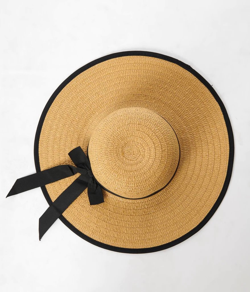 Tan Straw Black Ribbon Sun Hat by Unique Vintage