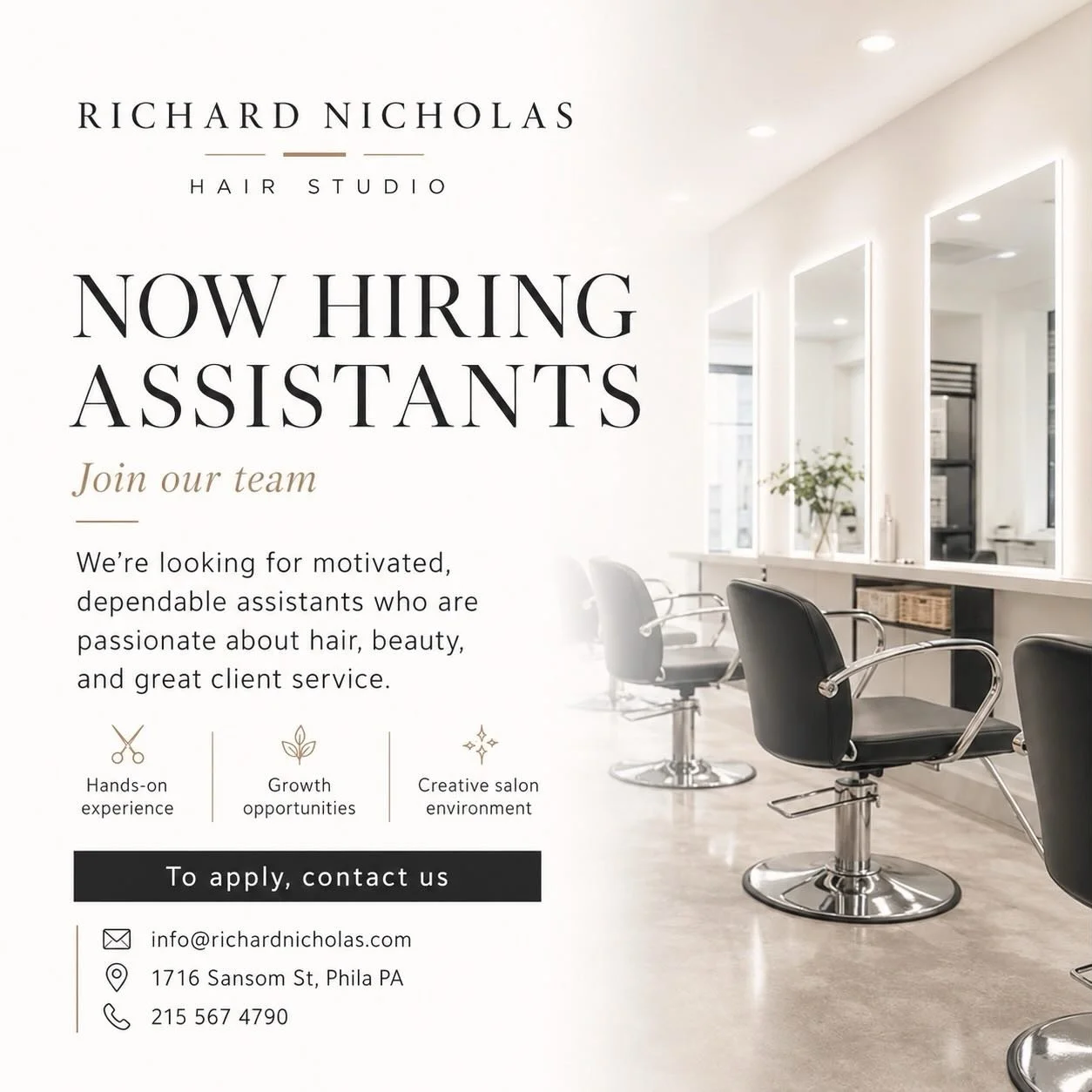✨ We&rsquo;re hiring assistants! ✨

Richard Nicholas Hair Studio is looking for motivated, dependable assistants who are ready to learn, grow, and be part of a creative salon team. ✂️

Perfect for someone passionate about hair, beauty, and great clie