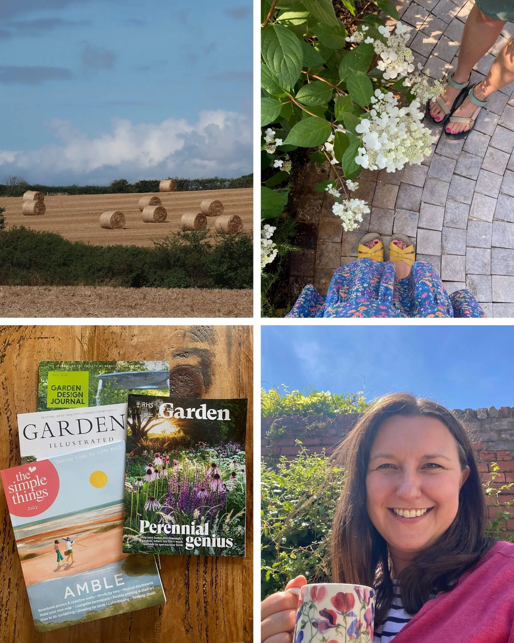 4 photos in a grid of summer - wheat fields, plants and sandals, magazines in a wooden table, lucy in garden with a mug