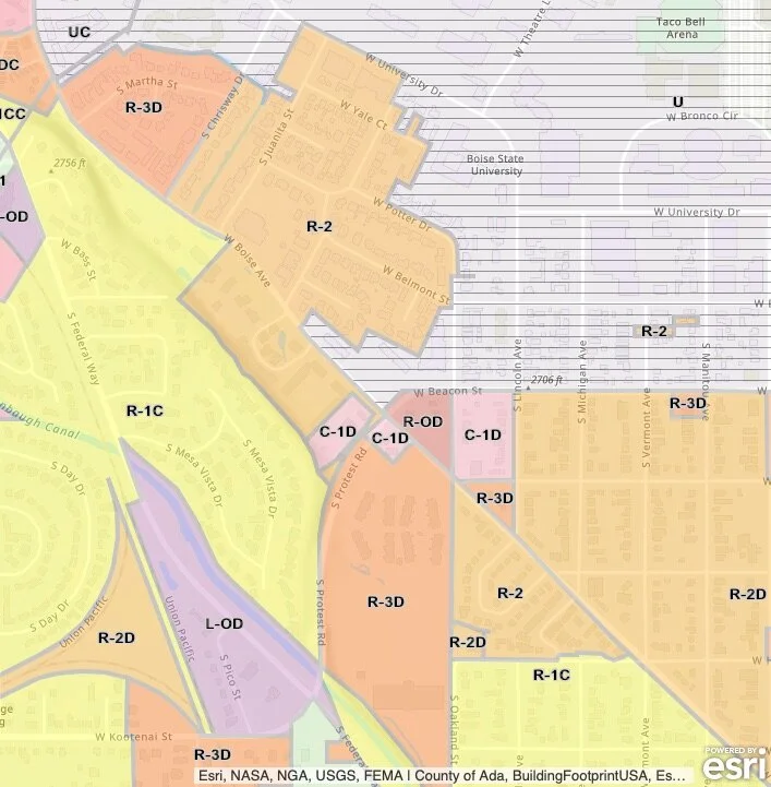 University Dr South to Boise Ave—zoned R-2, R-2D, R-3D, C-1D; Properties South of Boise Ave Between Capitol Blvd Broadway, same zones &amp; zones R-1C &amp; R-2D ZONE DEFINITIONS HERE