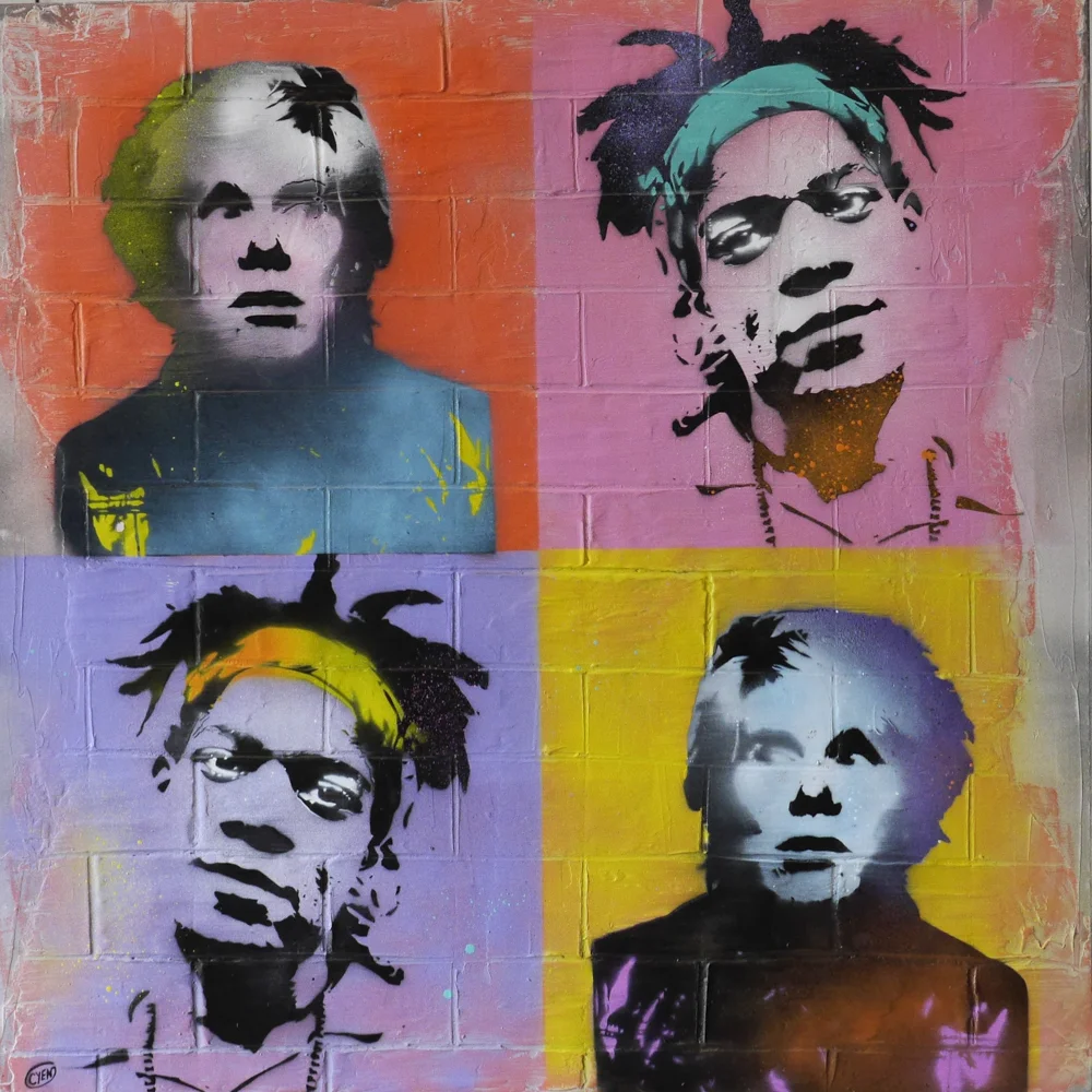 Warhol et Basquiat / bombe aérosol et acrylique sur enduit et bois / 100x100 cm / (VENDU)