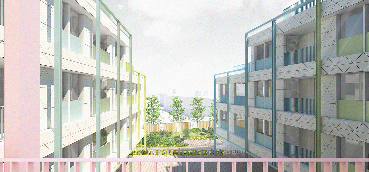 Behind the vertical steel frame strong horizontal emphasis is given between floors, which sets out a primary grid. Behind that are further horizontal and vertical layers. The colour is offset by an off-white, canvas-like cementitious finish to the building, which is diagonally cut to add further detail and depth to the elevation.