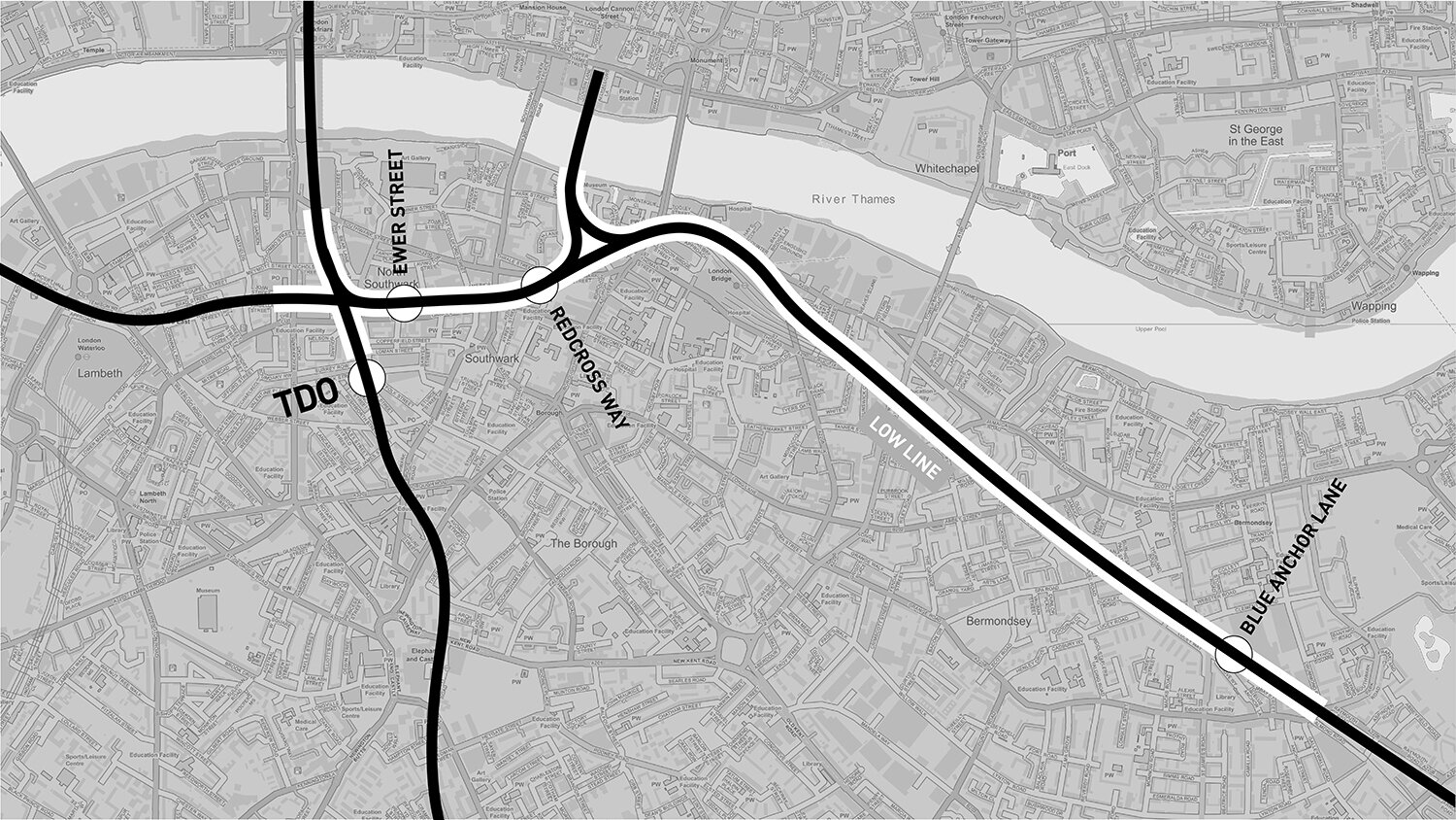 The Bankside locations are Ewer Street and Redcross Way, and the Bermondsey site is on Blue Anchor Lane The Low Line activates the potential of the railway viaduct as a route connecting communities and places, and as an important component of the p