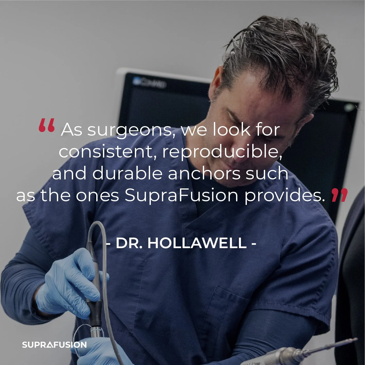 A male medical professional in blue scrubs and gloves performing a dental procedure, with a quote about surgeons and dental implants.