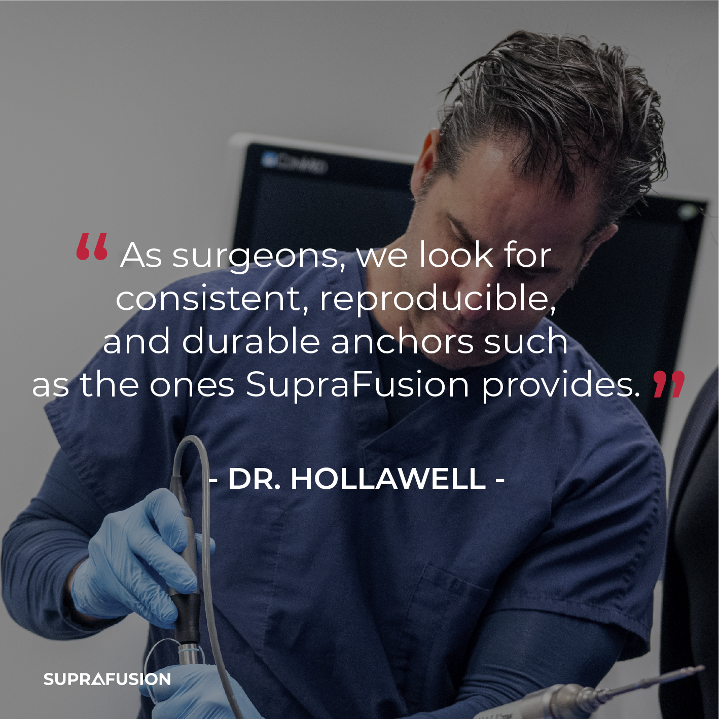 A male medical professional in blue scrubs and gloves performing a dental procedure, with a quote about surgeons and dental implants.
