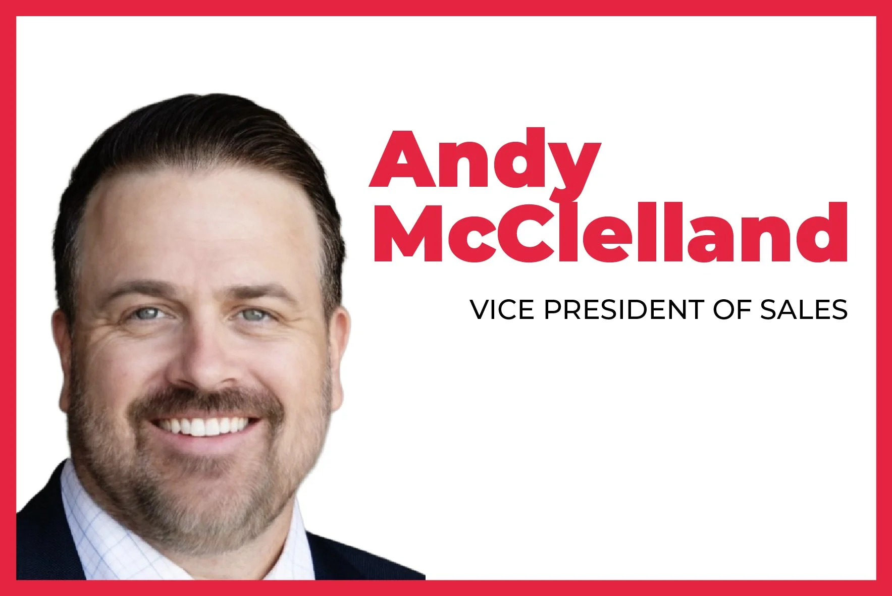 A political campaign graphic featuring a smiling man with dark hair, a beard, and blue eyes, wearing a suit and tie. The graphic includes the text 'Andy McClelland' in large red font and 'Vice President of Sales' in smaller black font, with a red border around the white background.
