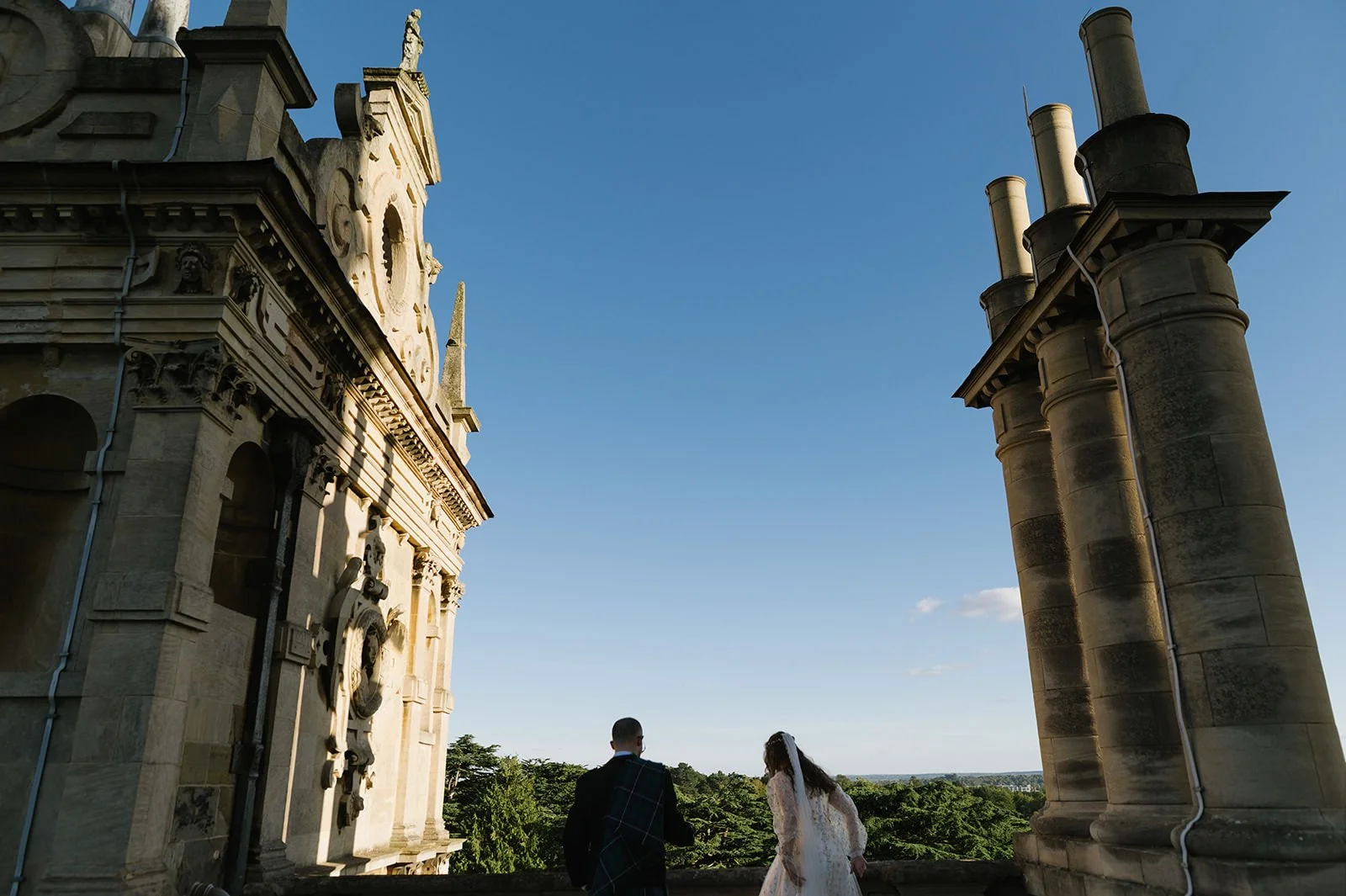 Rooftop wedding portraits at Wollaton Hall Nottingham