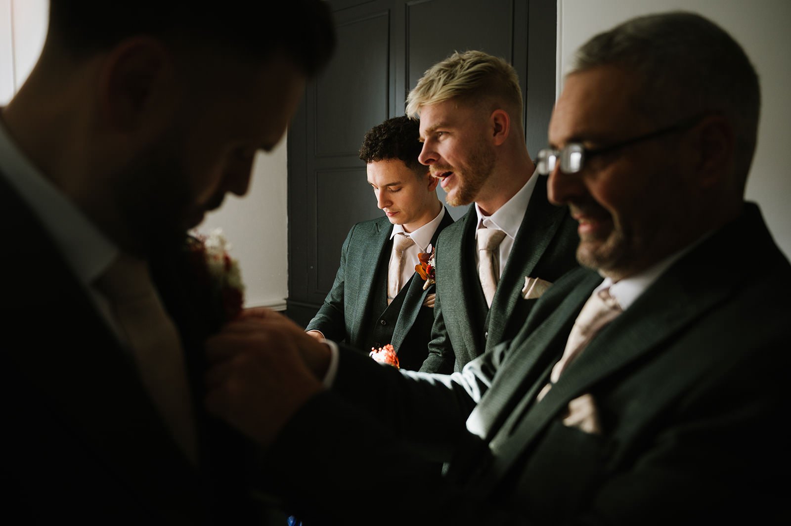 Groom getting ready at church in Sheffield