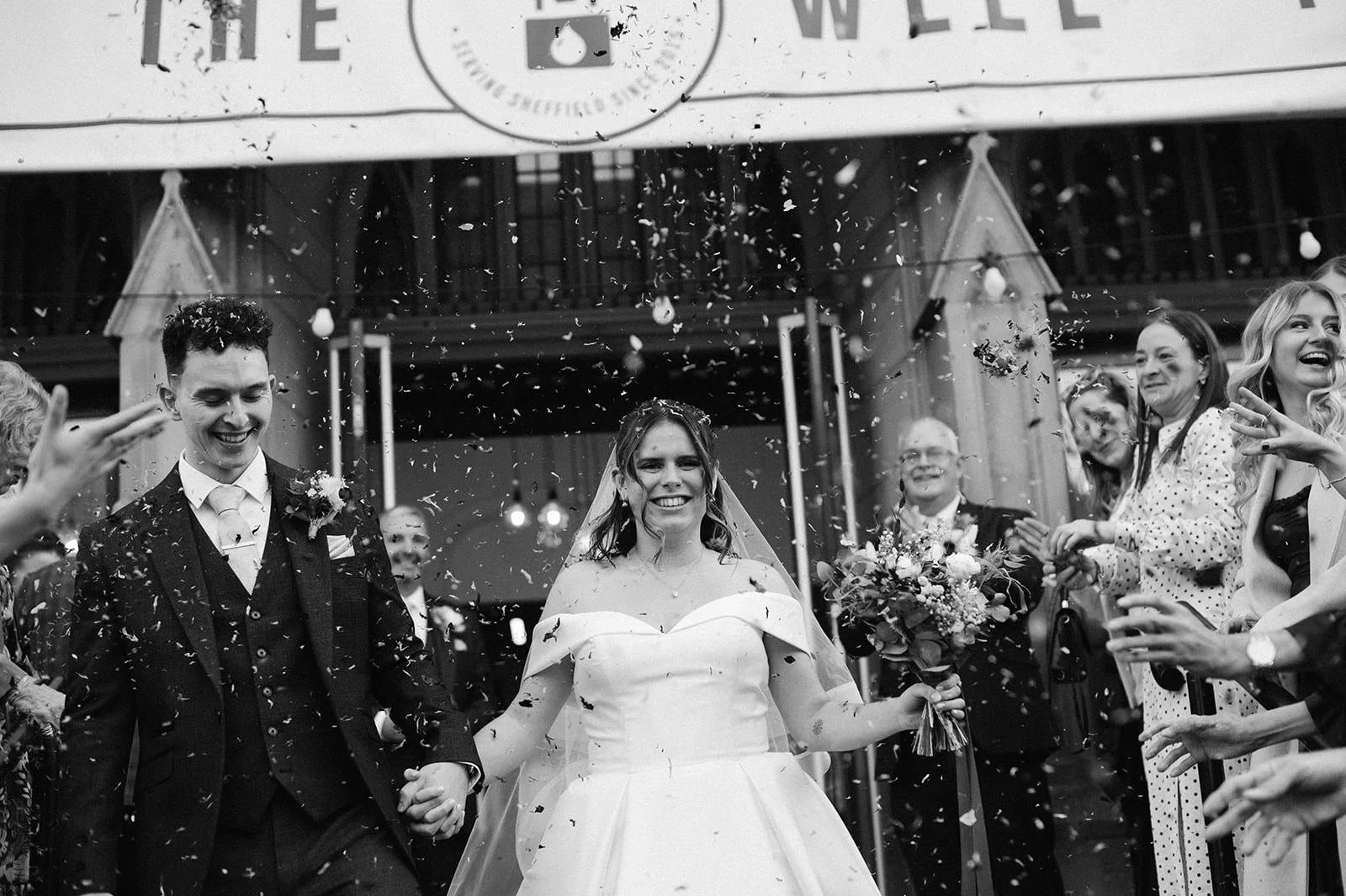 Confetti on church steps at Sheffield wedding
