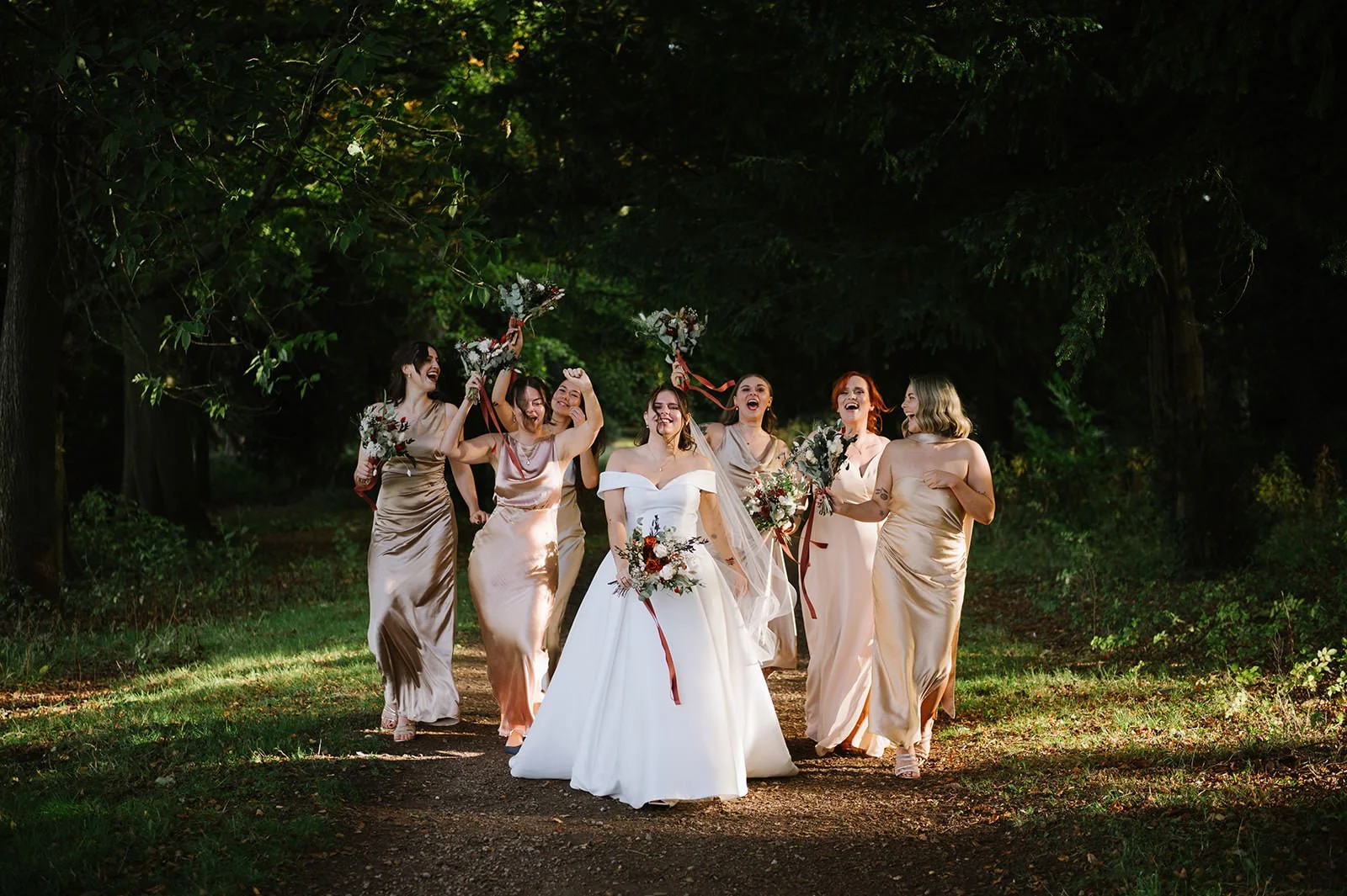 bridesmaids photos in woodland at Wortley Hall