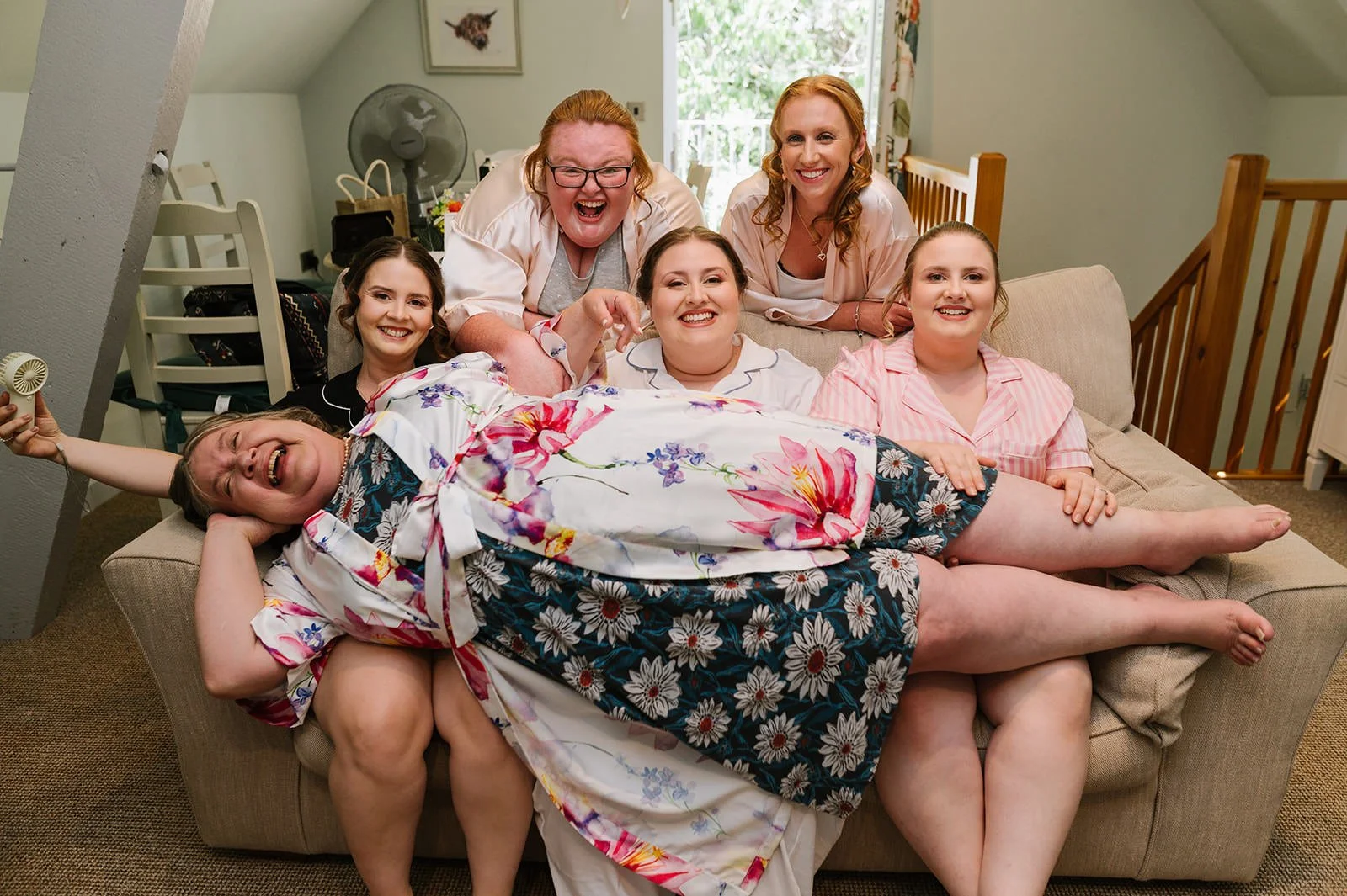 Wedding morning preparations at an Airbnb on a hot summer day