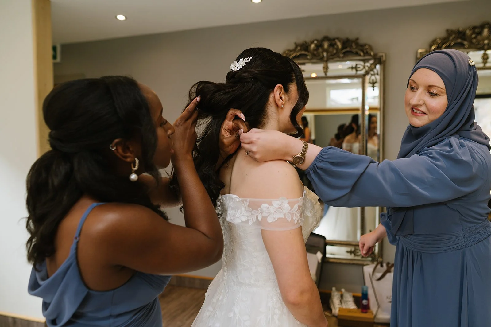 Bride getting ready at Bredenbury Court Barns
