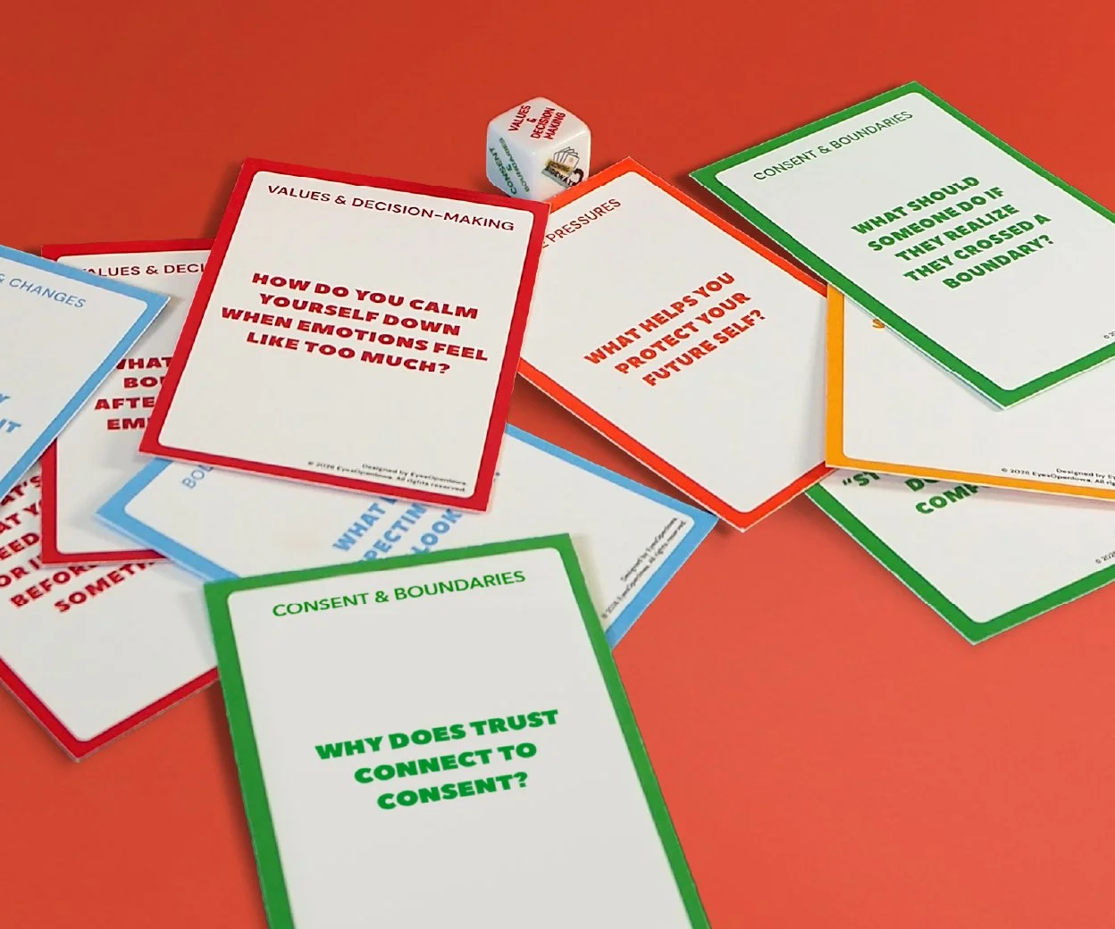 Growing Sideways conversation cards featuring prompts about consent, boundaries, emotions, healthy relationships, and decision-making for families and youth.
