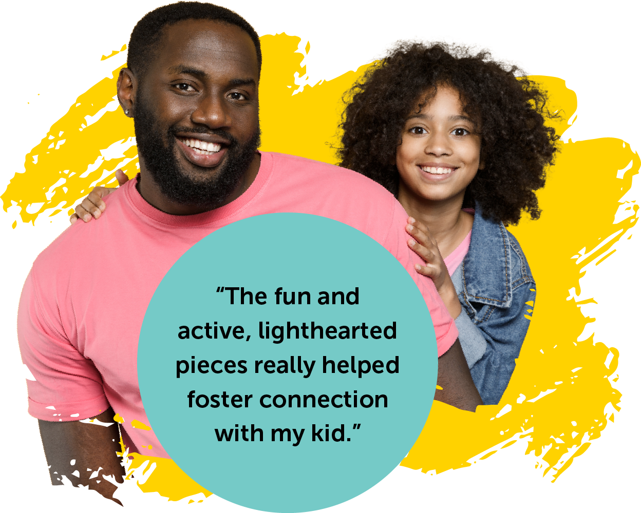 Parent and teen participating in the LiFT family communication workshop. Overlaid quote reads: “The fun and active, lighthearted pieces really helped foster connection with my kid.”