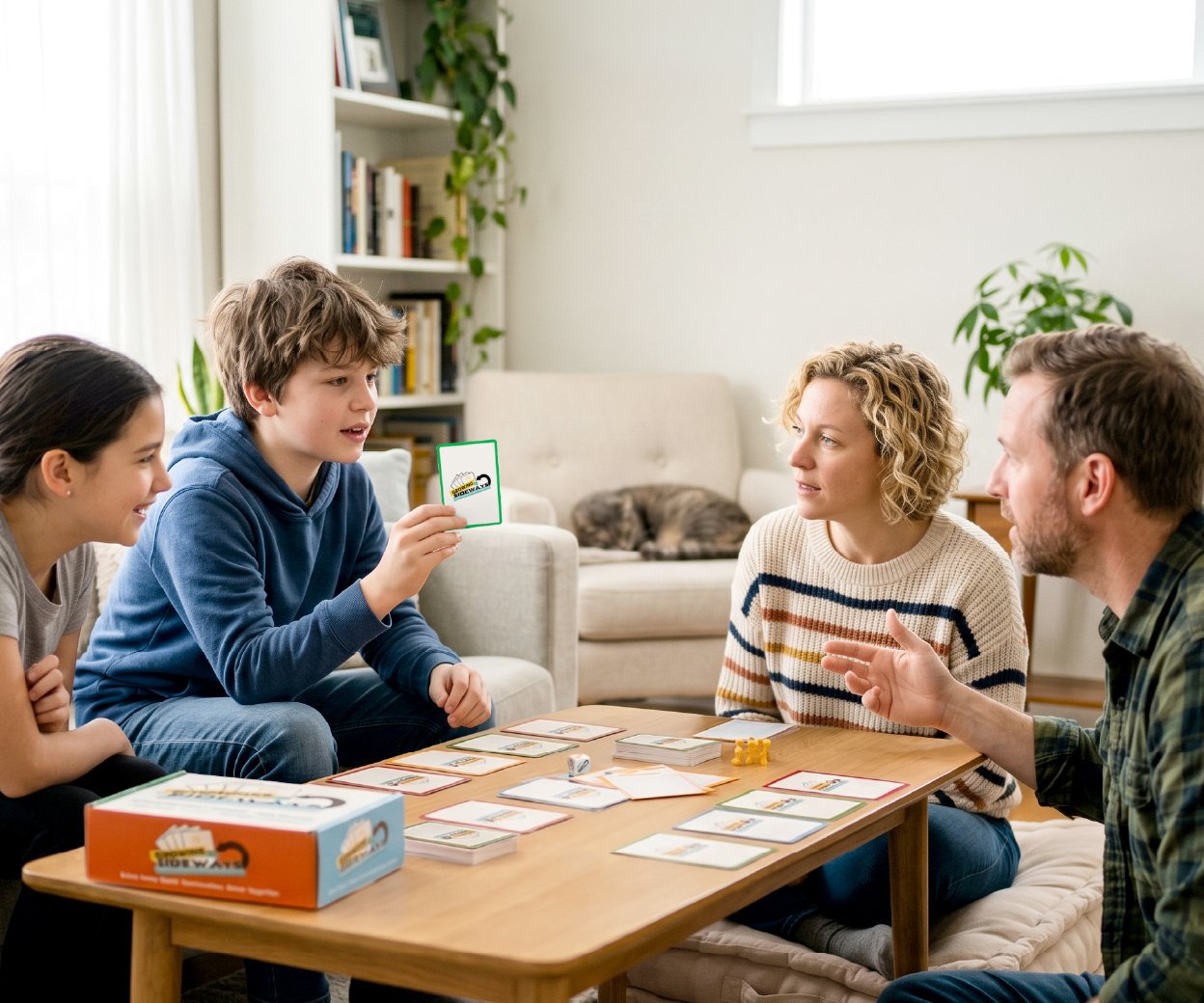 Parents and teens playing the Growing Sideways family conversation game together to encourage communication, trust, and healthy discussions about real-life topics.