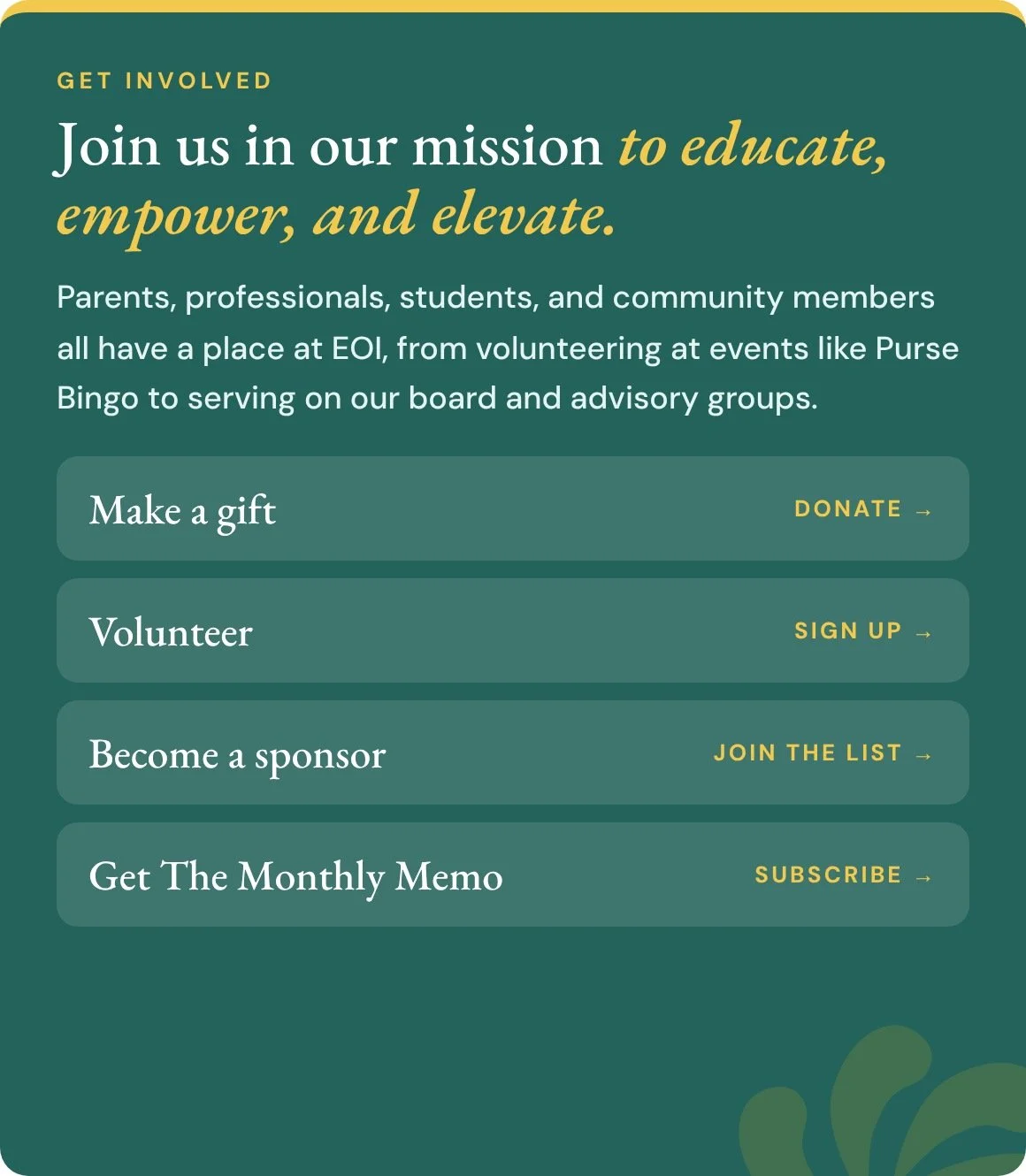 oin our mission: make a gift, volunteer, become a sponsor, or subscribe to The Monthly Memo.