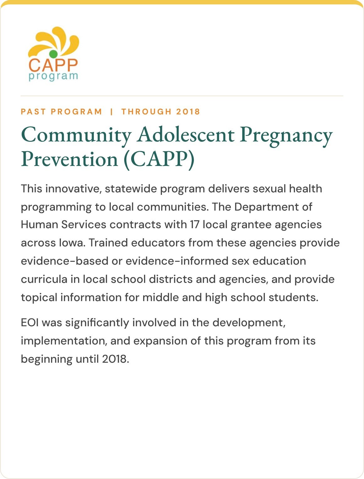 Community Adolescent Pregnancy Prevention (CAPP), a statewide program EOI helped develop and expand through 2018.