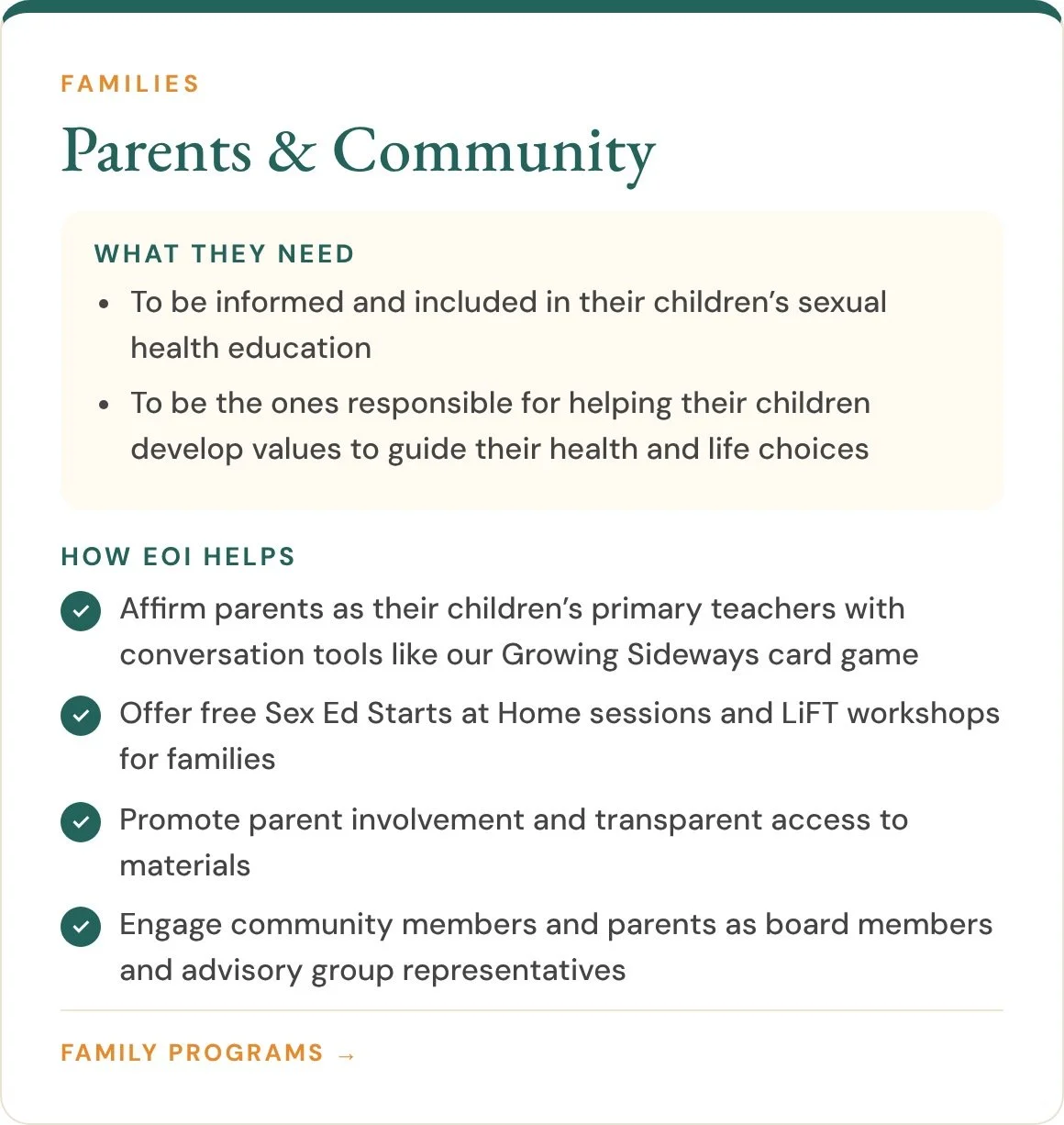 For parents: Growing Sideways card game, free Sex Ed Starts at Home sessions, and LiFT family workshops.