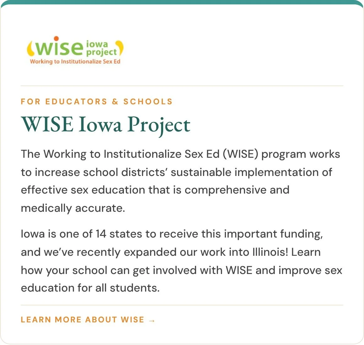 WISE Iowa Project helps school districts implement comprehensive, medically accurate sex education.