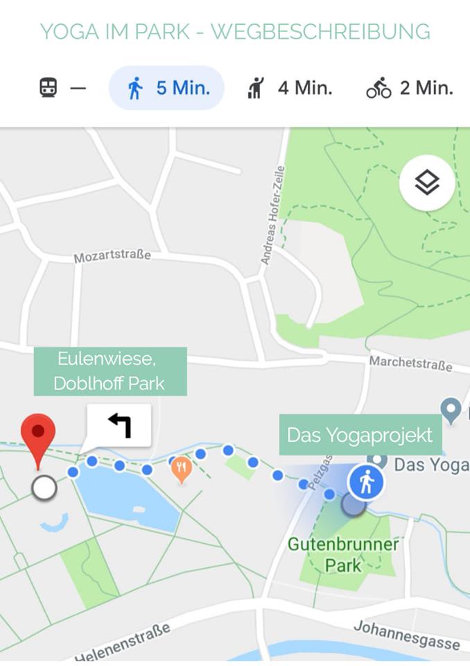 Wegbeschreibung. Vom Studio sind es nur 5 Minuten zu Fuß, du gehst einfach den Mühlbach entlang stadtauswärts, dann am Doblhoff Park Teich vorbei Richtung Orangerie, davor rechts ist schon die Eulenwiese.
