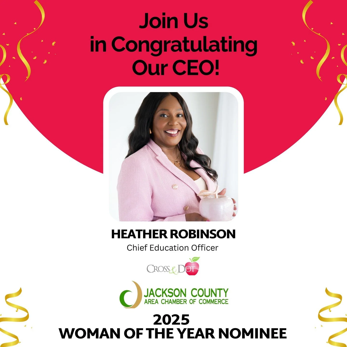 Congratulations to our CEO!!!
We&rsquo;re proud to announce that our Chief Education Officer, Heather Robinson, was named one of five finalists for the Jackson County Area Chamber of Commerce Women of the Year! Her dedication and passion for educatio