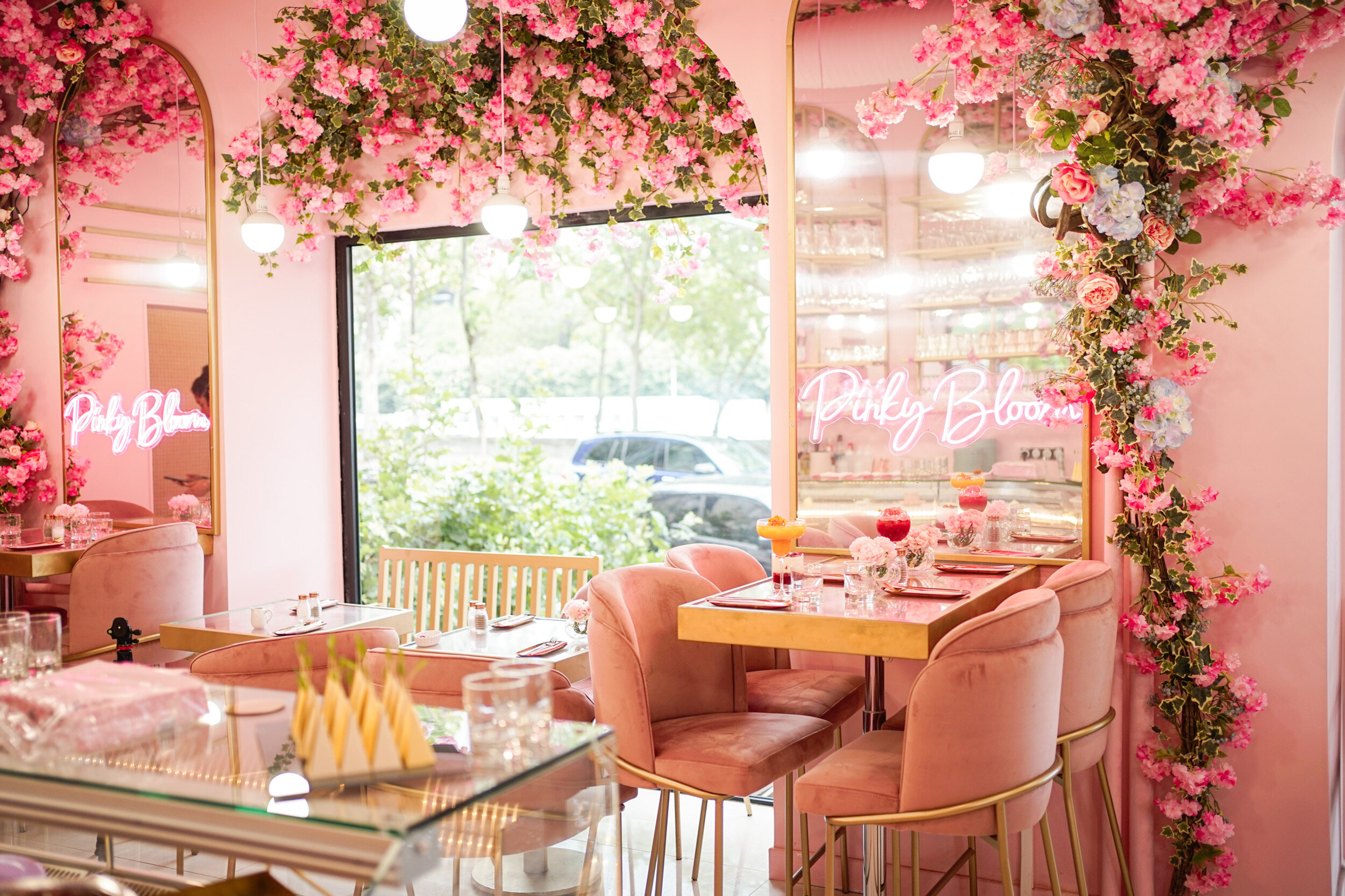 Pinky bloom restaurant window area