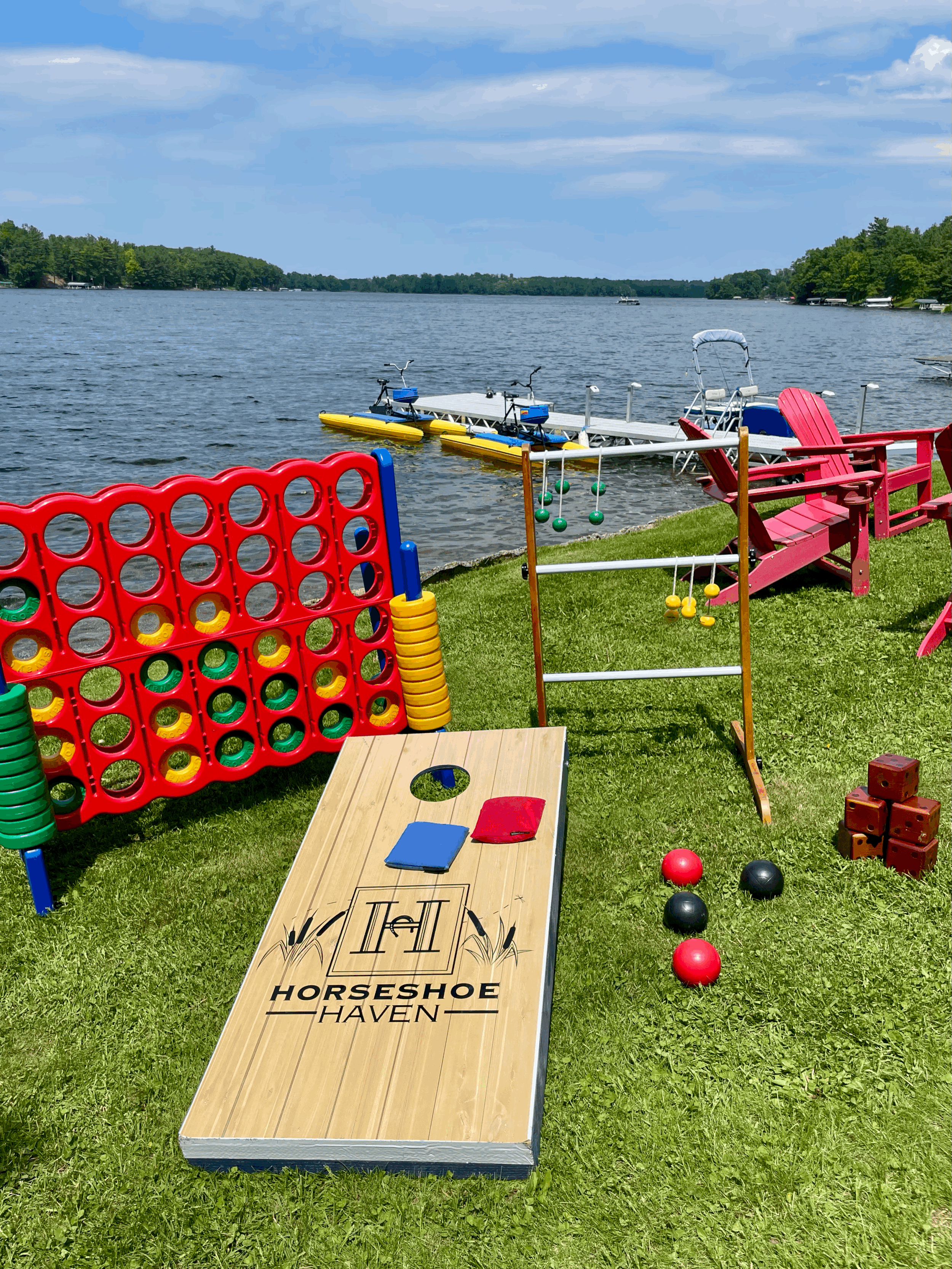 So many games to enjoy lakeside! Connect Four, corn hole, bocce ball, ladder golf, and yard Yahtzee will keep everyone entertained.