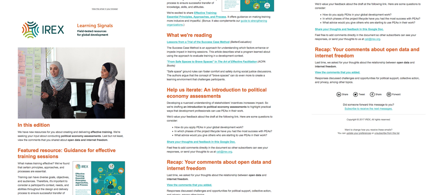 Each edition of Learning Signals includes a featured resource from IREX, links to other organizations' materials, and an opportunity to collaborate on work in progress.