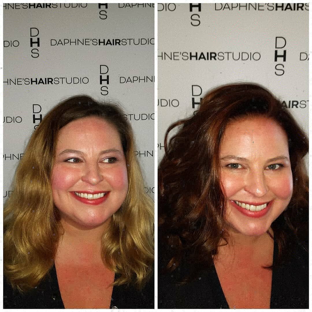 Summer's almost over, #fallayage is the new color you're sure to fall for! Come see us for a free consultation #beforeandafter #daphneshairstudio #757hairstylist #northcolley #lorealpro #balayage #fall #haircolor