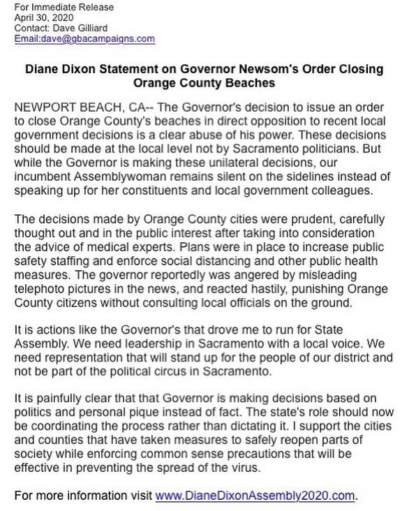 Diane Dixon Statement on Governor Newsom's Order Closing Orange County Beaches