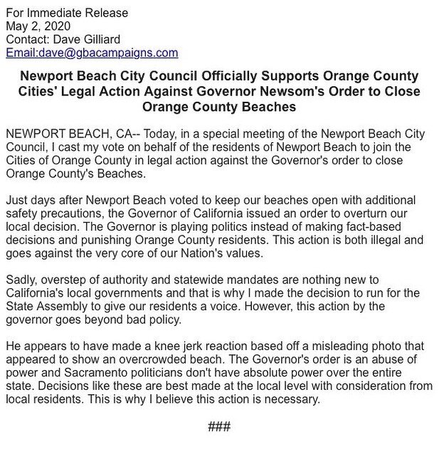 ***FOR IMMEDIATE RELEASE***
Newport Beach City Council Officially Supports Orange County Cities' Legal Action Against Governor Newsom's Order to Close Orange County Beaches
#inthistogether