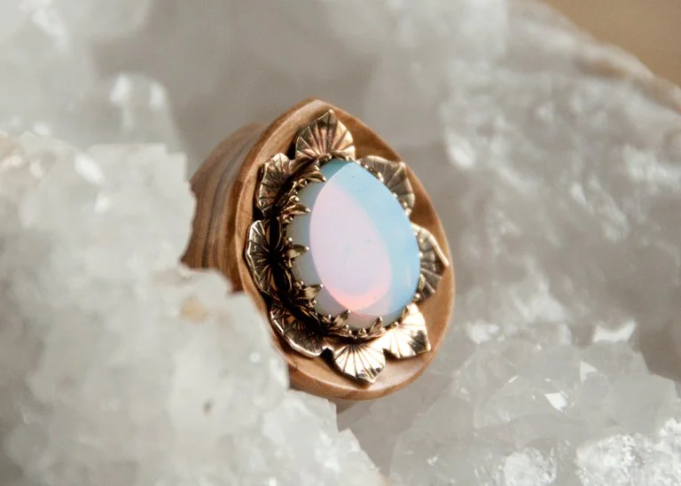 Olive wood teardrops with Brass lotus and Opalite