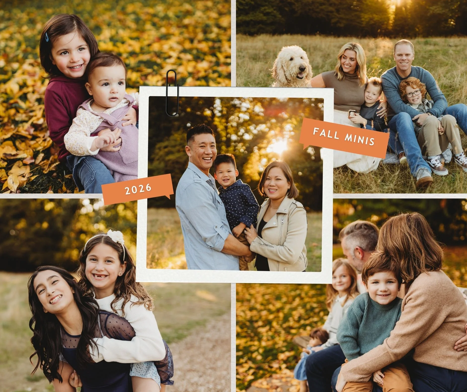 Families photographed outdoors in golden autumn leaves and evening light during fall mini sessions in Seattle.
