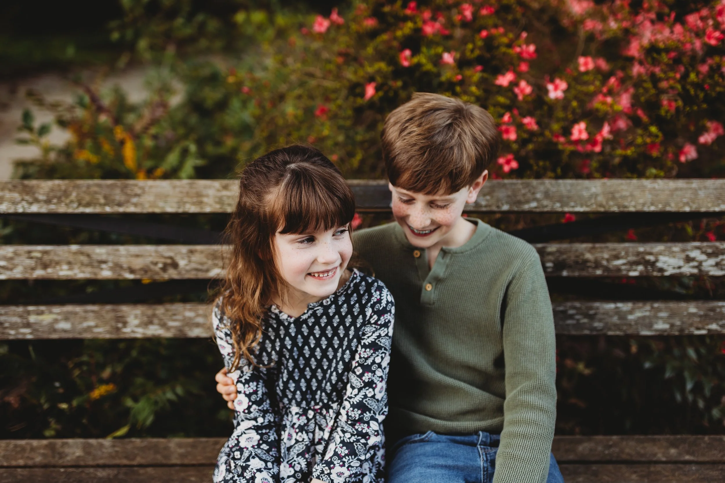 Brother and sister sitting close together on a weathered wooden bench, smiling and laughing, with pink azalea bushes blooming behind them during a Seattle family mini session