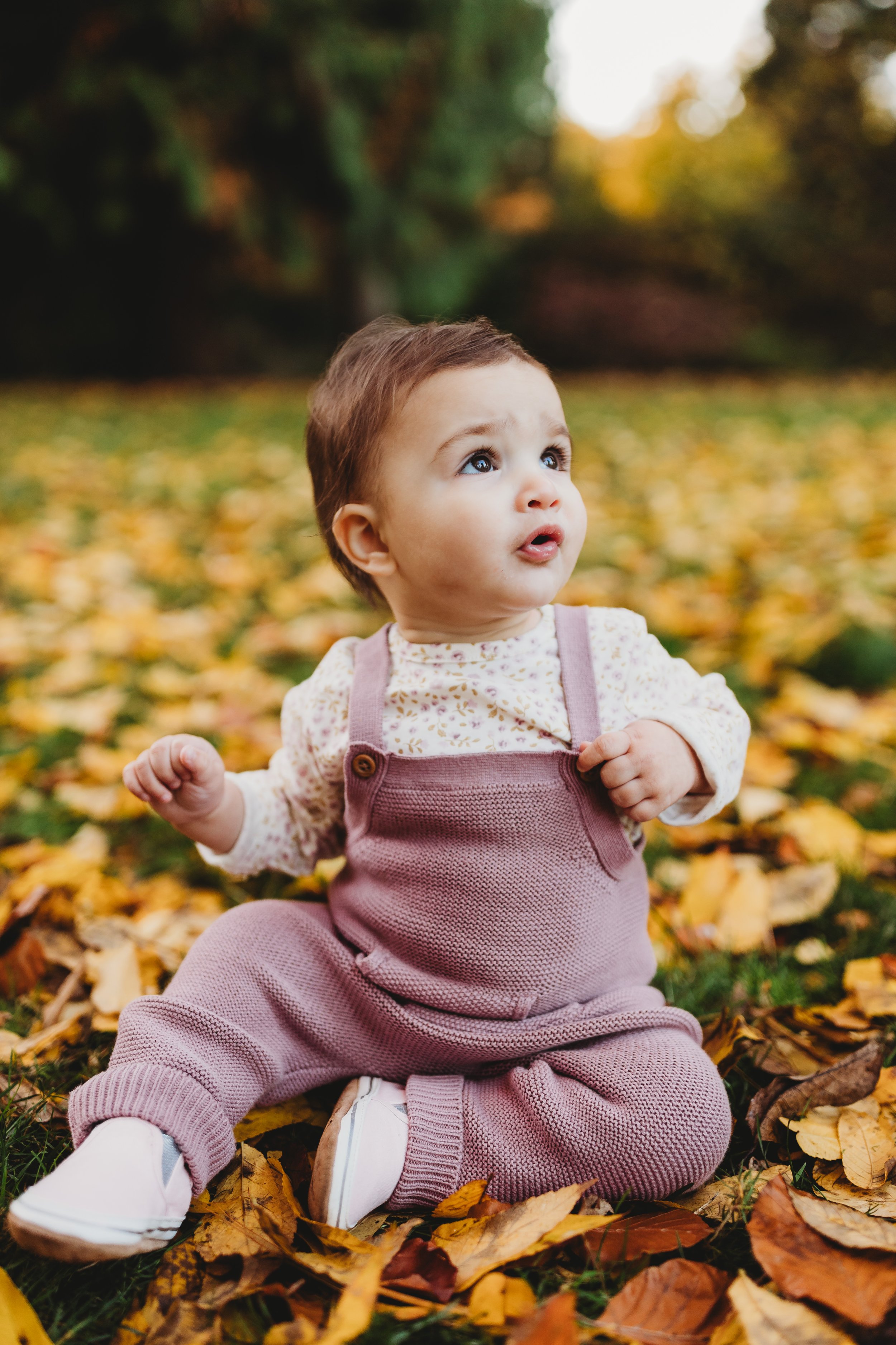 Baby girl in pink knit overalls sitting in fall leaves, Seattle family photographer