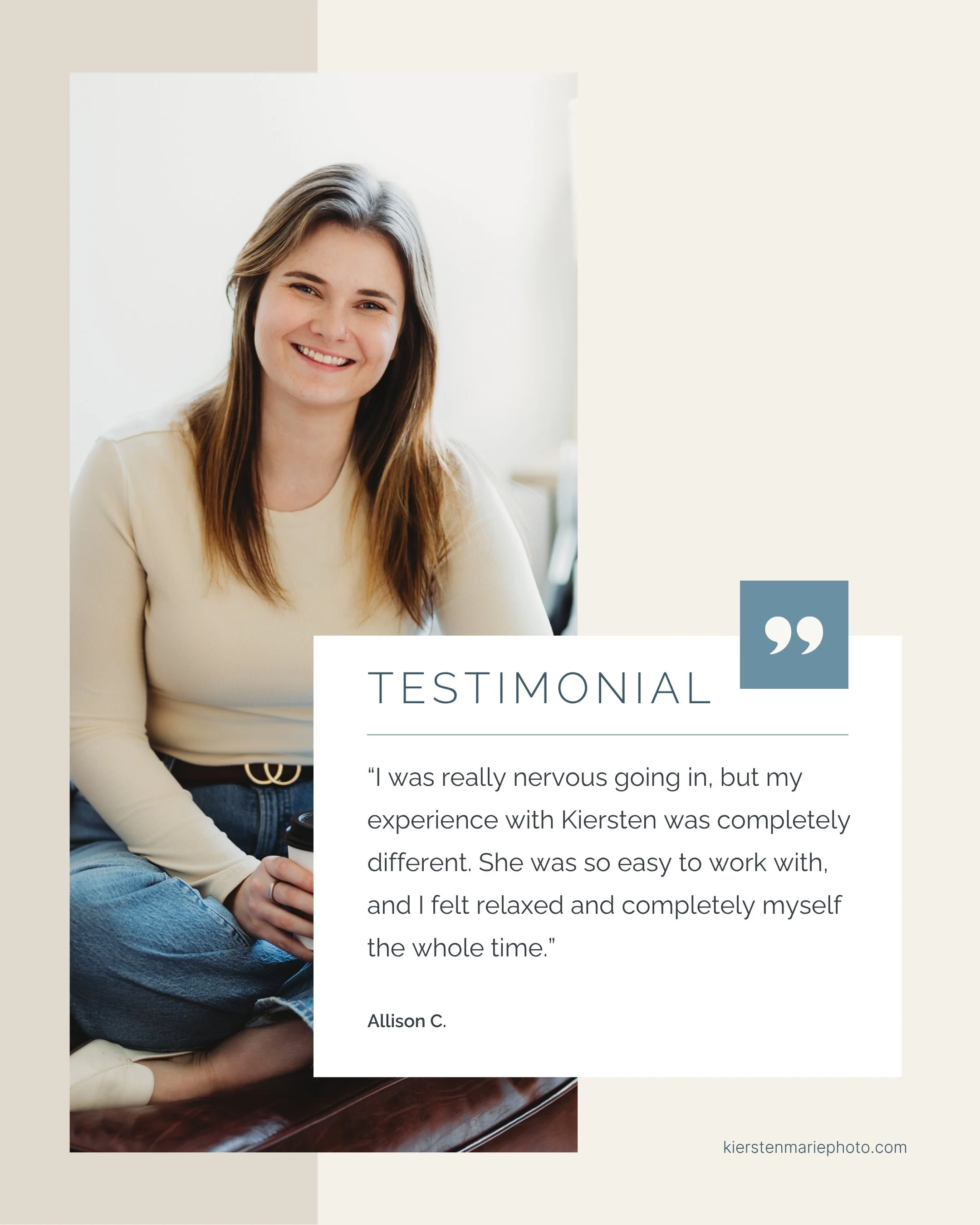 Smiling headshot client seated indoors during natural light session with Seattle photographer Kiersten Marie — client testimonial