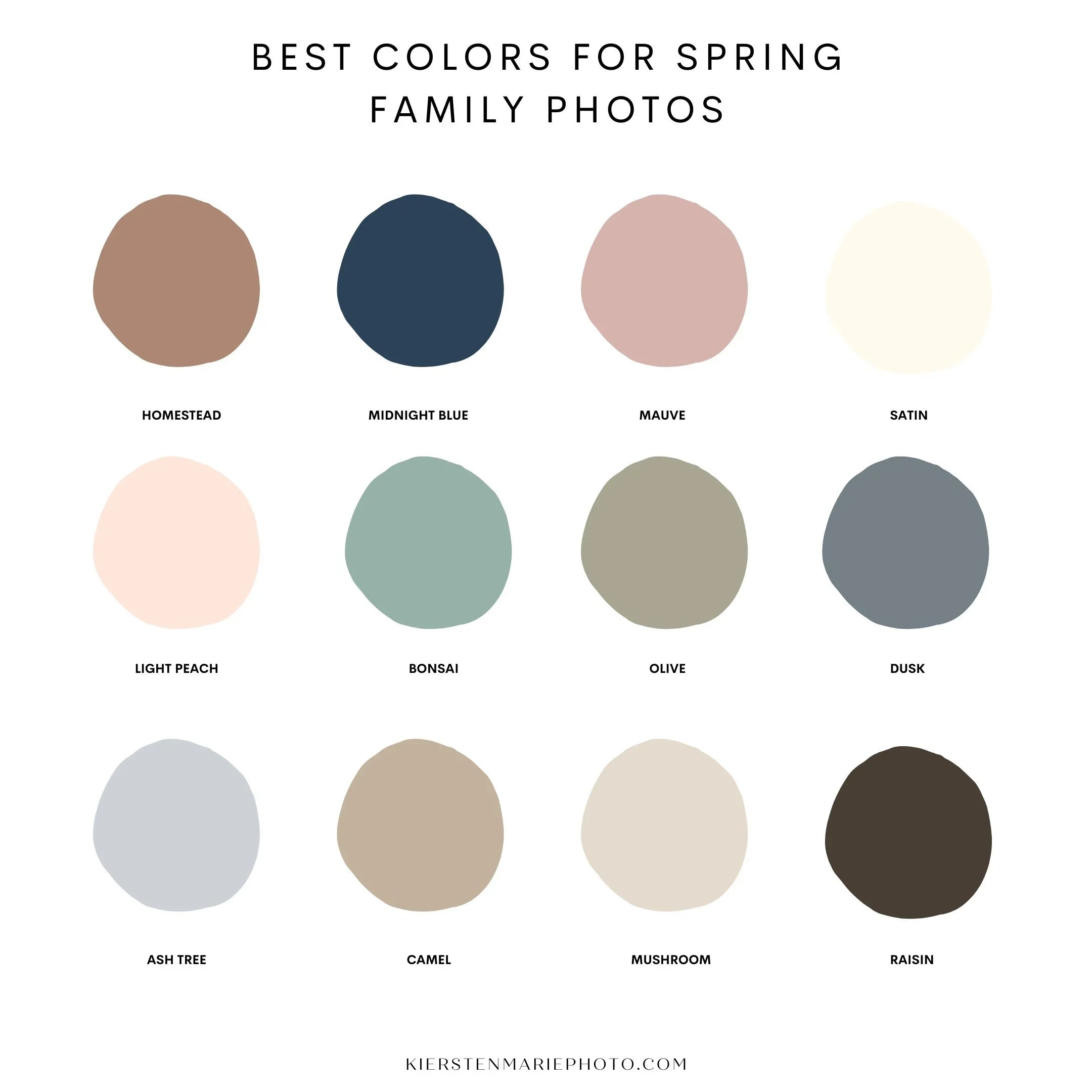 Color palette showing the best colors for spring family photos in Seattle including homestead, midnight blue, mauve, bonsai, and camel