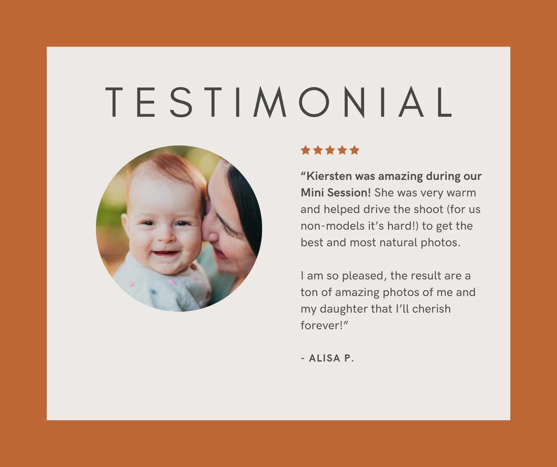 Five-star client testimonial from Alisa P. praising her warm, natural Seattle mini session experience