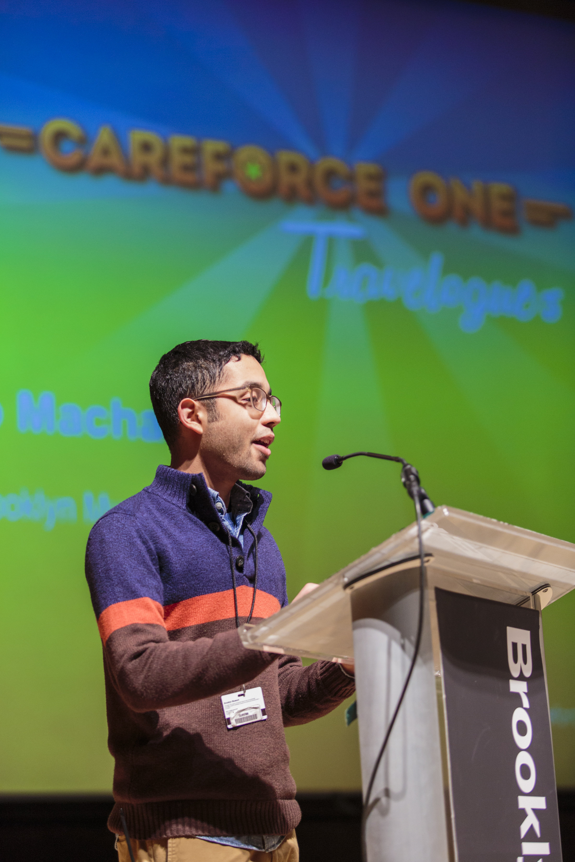 Introduction to CareForce One Travelogues premiere, Brooklyn Museum, March 2018. (Photo: Kolin Mendez)