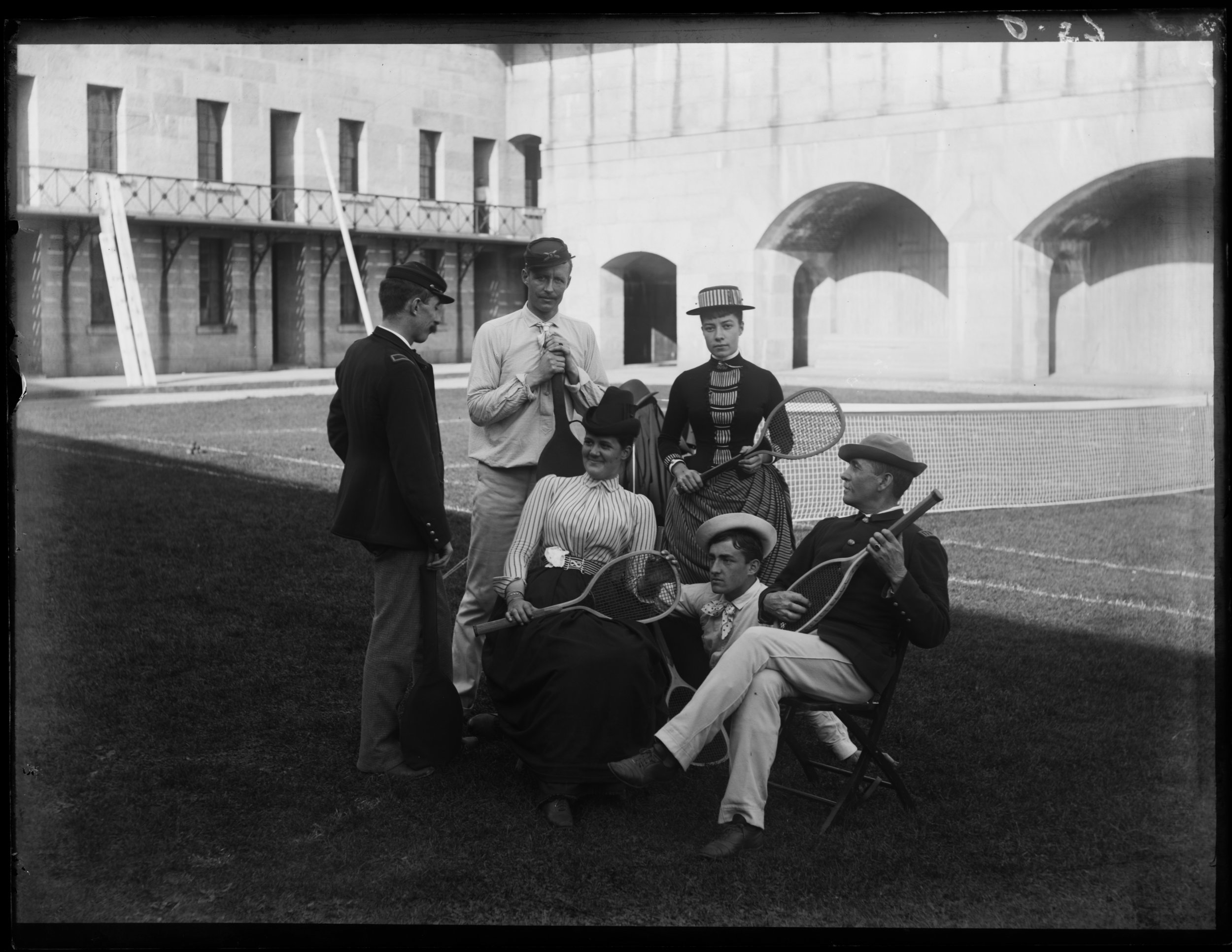 Alice Austen and Trude Eccleston with officers at Fort Wadsworth, Staten Island, November 6, 1888