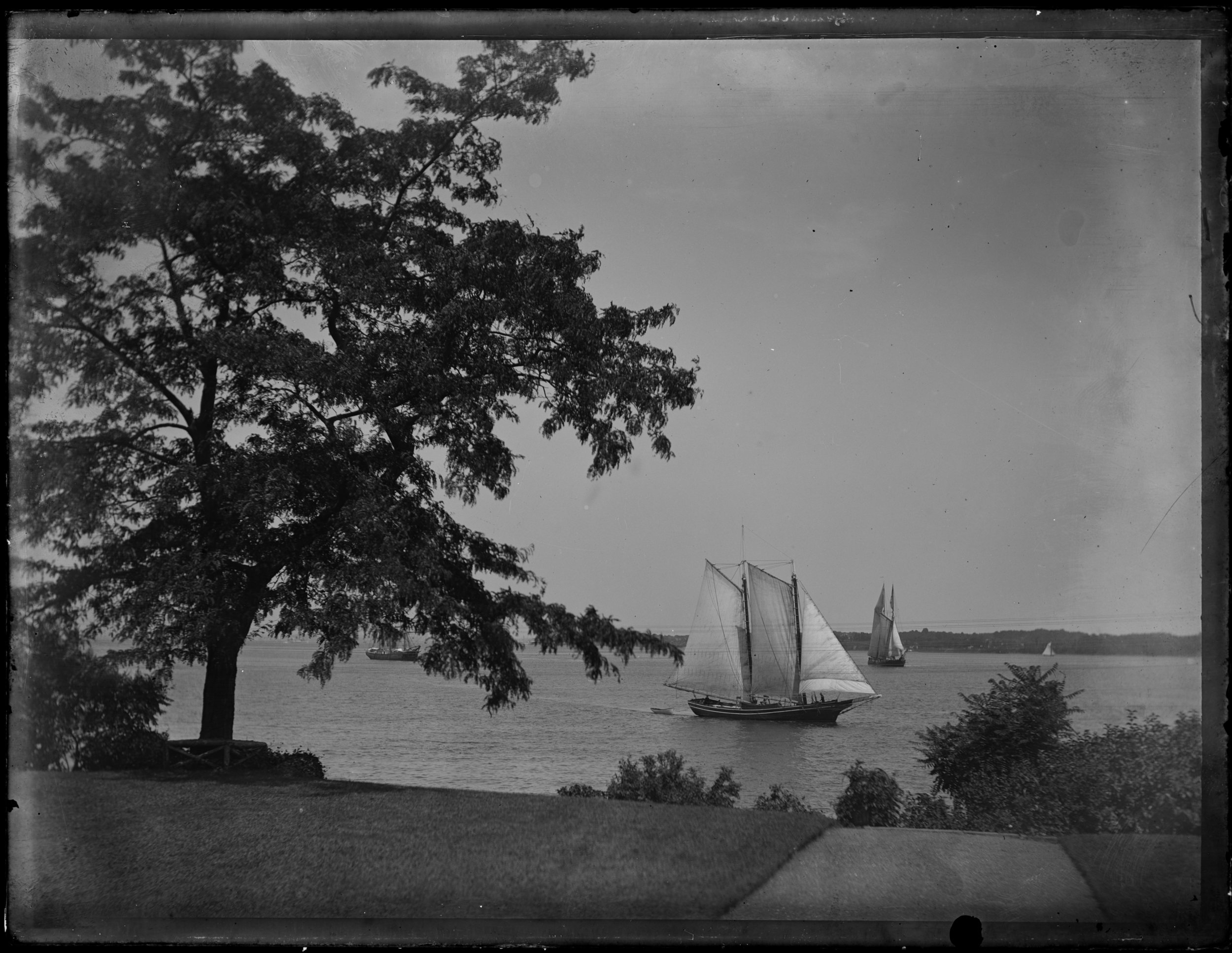 “View from front door, tree &amp; schooner,” New York Bay seen from Clear Comfort, August 8, 1887