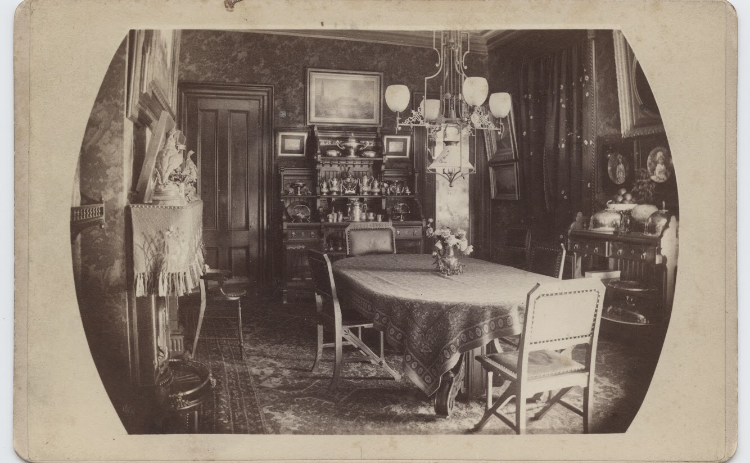 The dining room in the Anson Phelps Stokes house, New Brighton, ca. 1880.