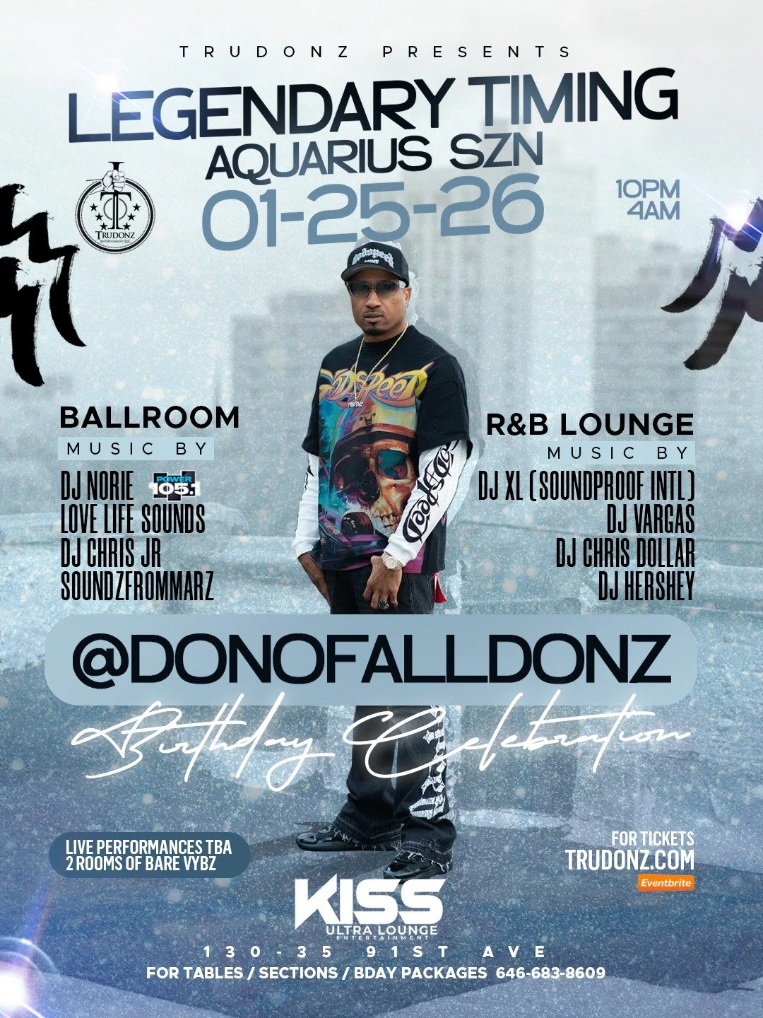 Event flyer for a themed party at KISS Ultra Lounge, presented by Trudonz, with music by DJ Norie and Love Life Sounds in the ballroom, and DJ XL, DJ Vargas, DJ Chris Dollar, and DJ Hershey in the R&B lounge, taking place on January 25-26 from 10 PM to 4 AM at 130-135 91st Ave with ticket information at trudonz.com.