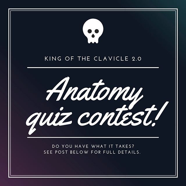𝗞𝗜𝗡𝗚 𝗢𝗙 𝗧𝗛𝗘 𝗖𝗟𝗔𝗩𝗜𝗖𝗟𝗘 𝟮.𝟬 🤓💀
.
Thanks to everyone enjoying the Daily Anatomy Quizzes and our first winner @daniellevpa
.
For the month of June, everyone with SIX (6+) correct answers will be entered into the draw! This months priz