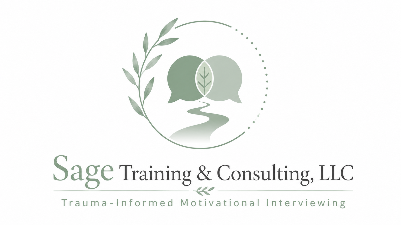 Logo for Sage Training & Consulting, LLC, featuring sage green speech bubbles, a leaf motif, and the tagline Trauma-Informed Motivational Interviewing.