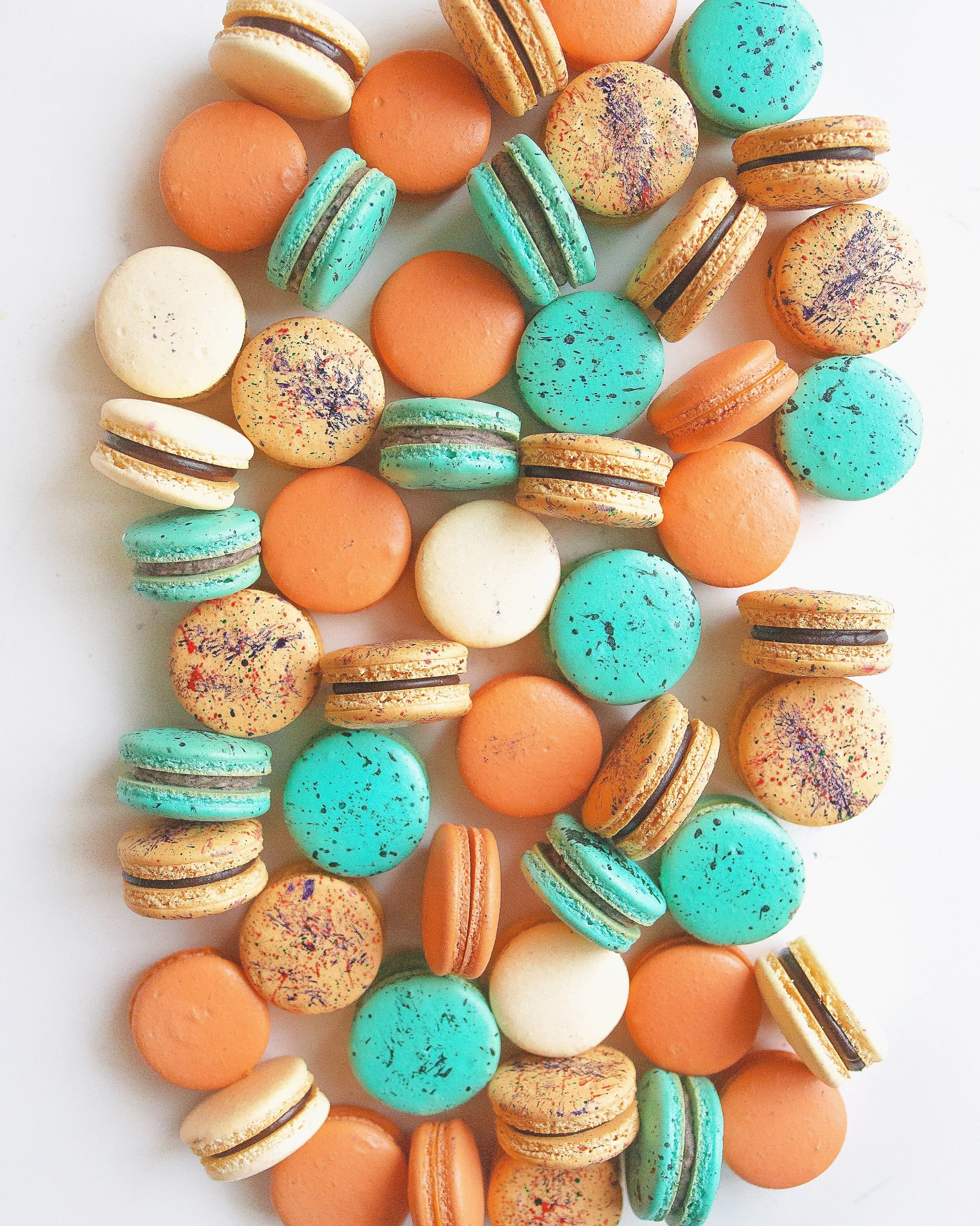 cookie n cream, chocolate and butterscotch macarons