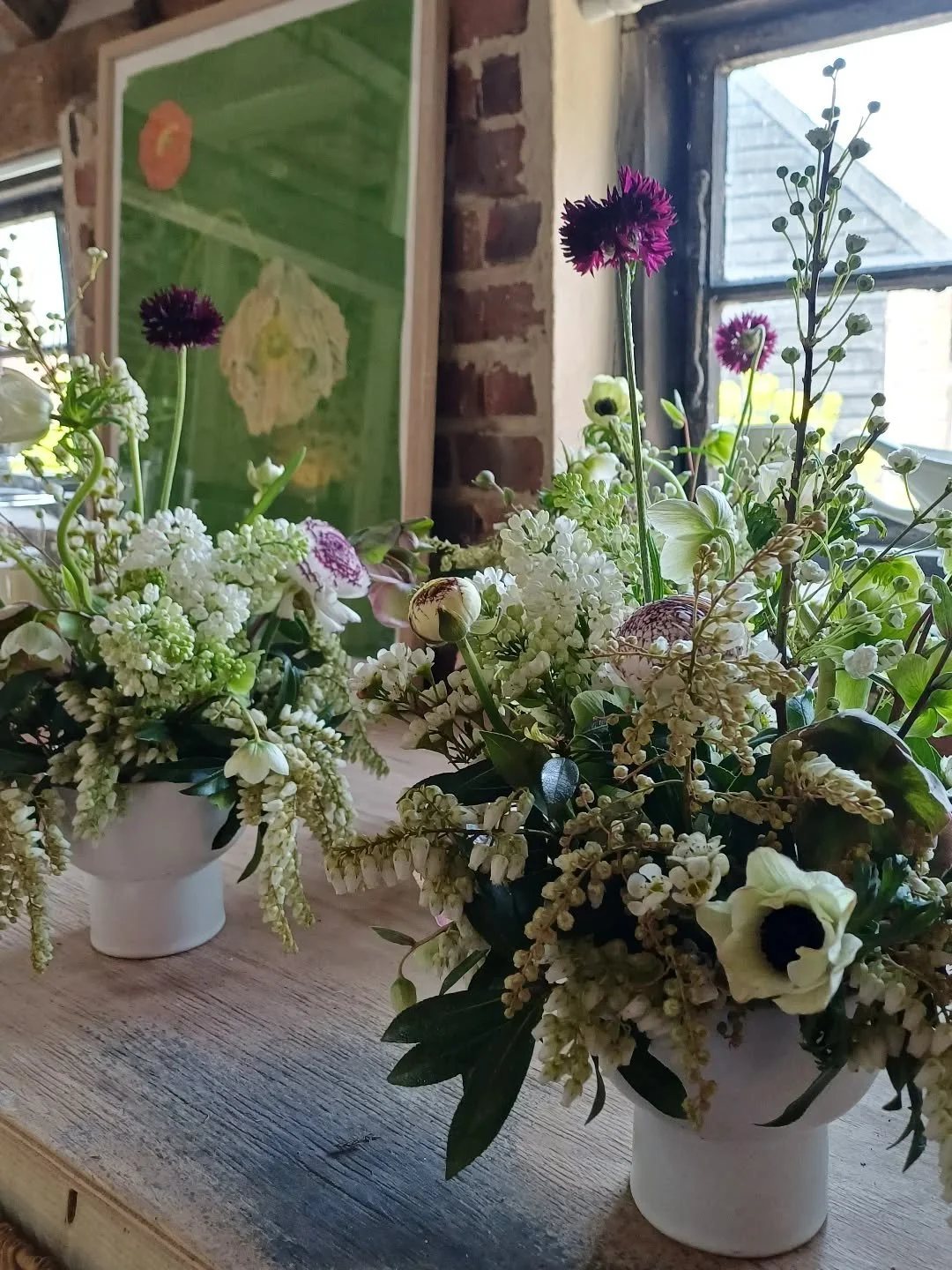 Spring - but make it moody. Footed bowl centrepieces waiting to be carefully packed and loaded in the van, filled with a favourite curation of spring flowers: anemone, narcissi, ranunculus, white lilac, grape hyacinth and hellebore. 
Spring weddings 