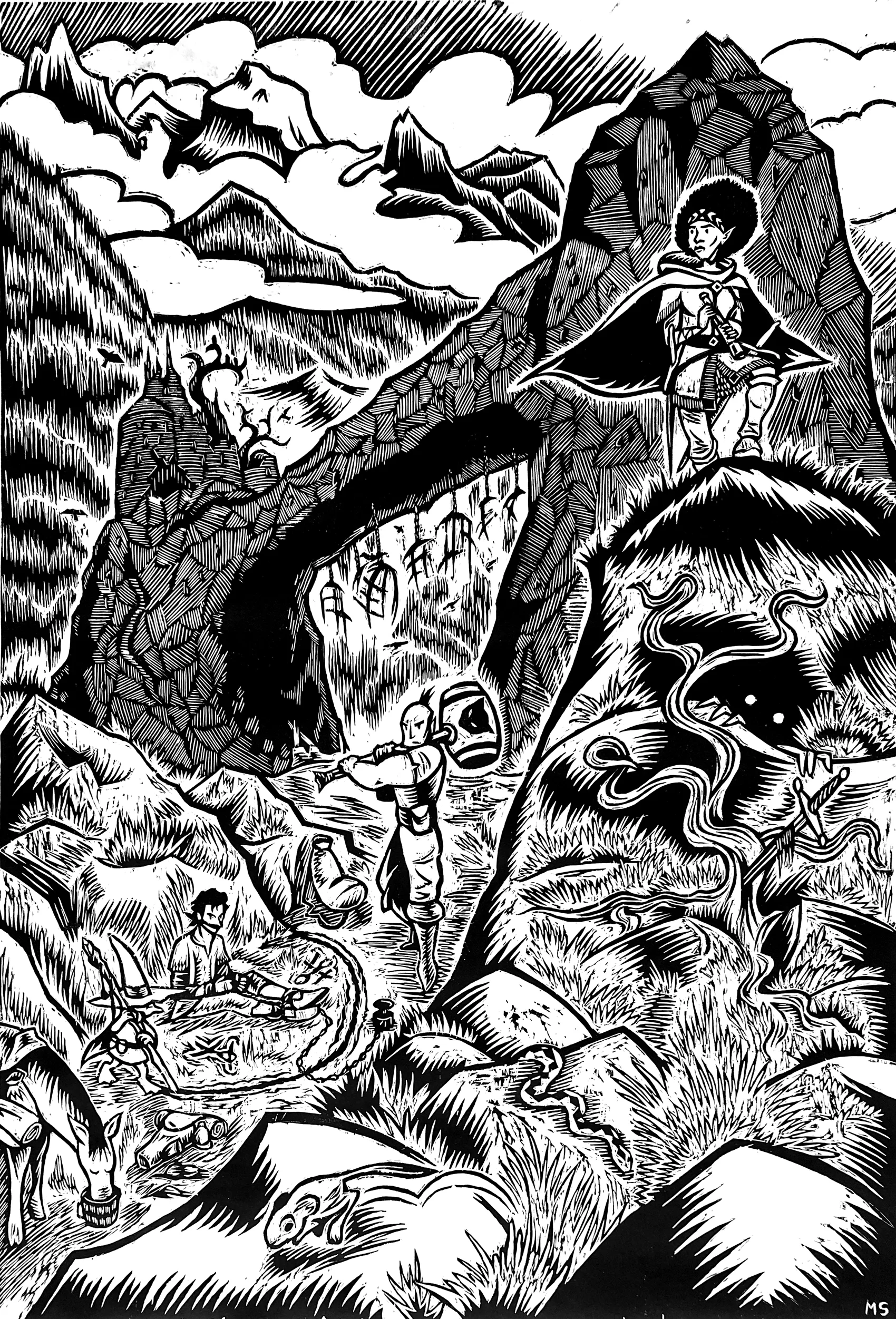 The Bounty Hunters & the Outlaw Sorcerer woodcut relief print