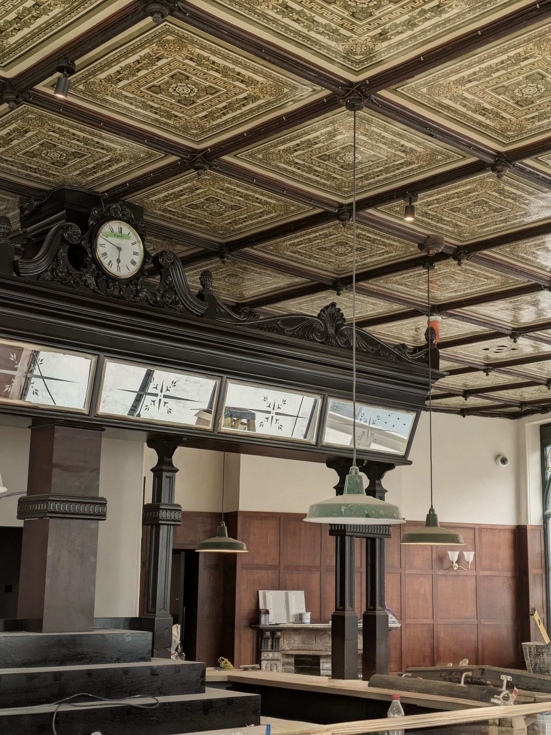 Restored heritage tile ceiling, Fleet Tavern pub refurbishment near Hampstead Heath — conservation-led interior design by Polysmiths, award-winning London architects specialising in heritage hospitality and residential renovation